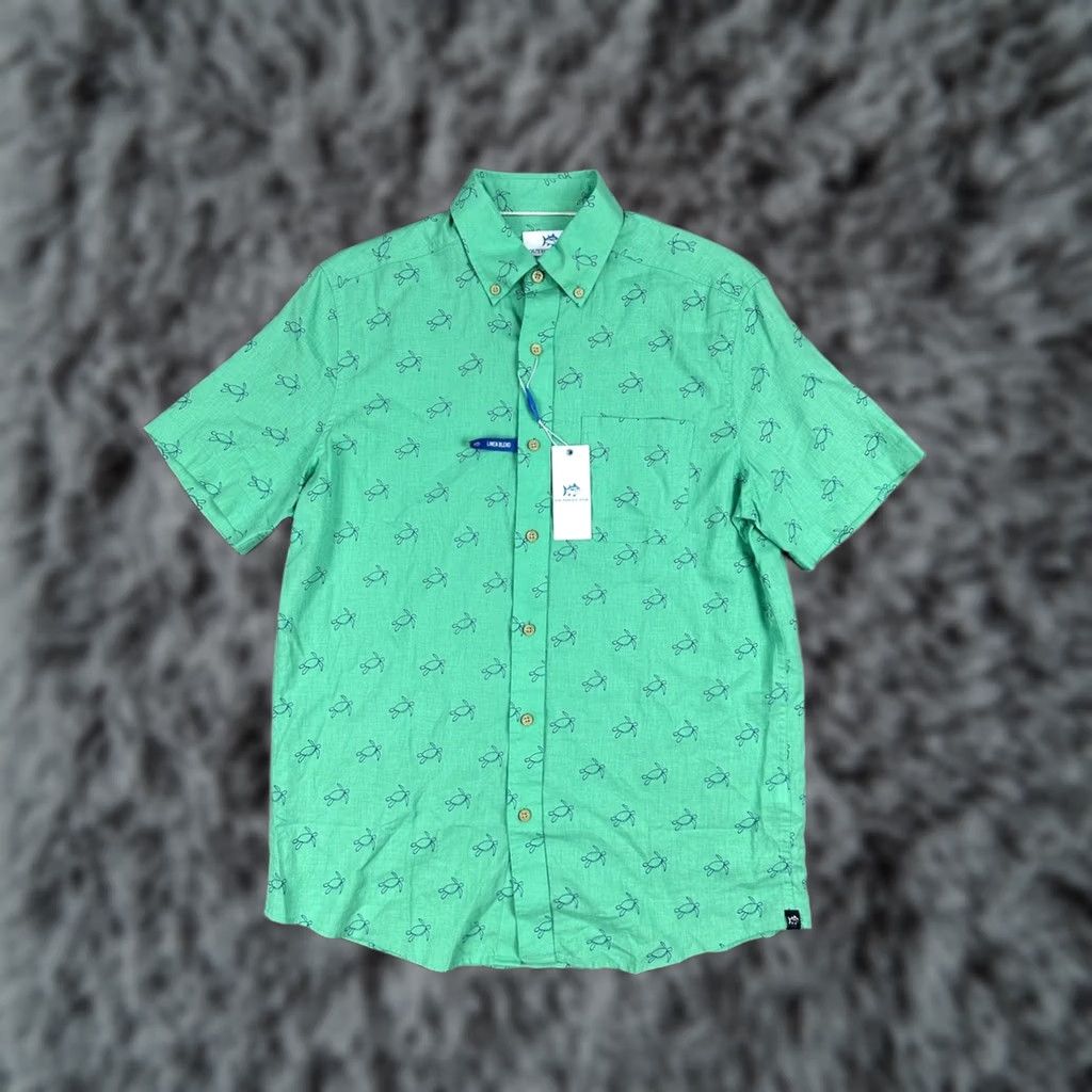 Southern Tide Southern Tide Linen Blend Turtle Cove Short Sleeve Sport Button Down Shirt S Mens Small Jade Green Size US 29 - 1 Thumbnail