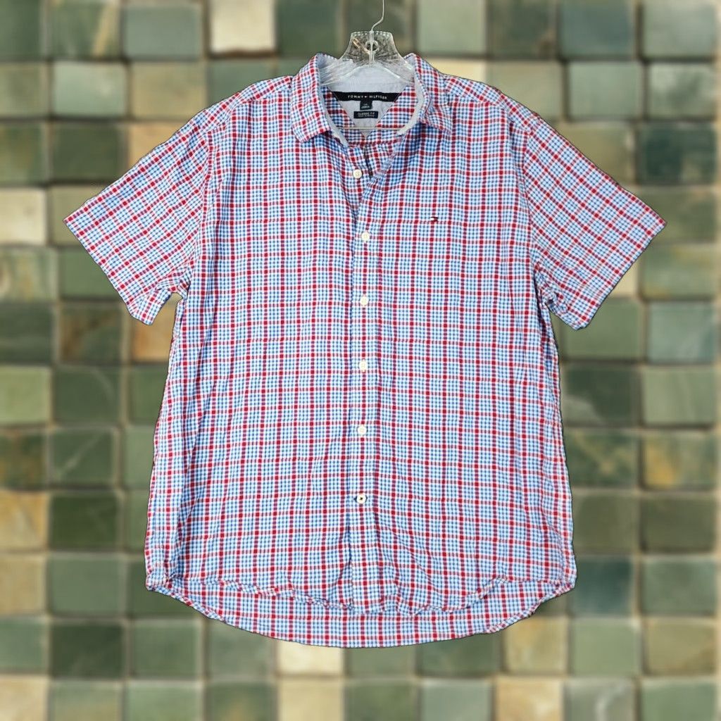 Tommy Hilfiger Tommy Hilfiger Plaid Button Up Mens Short Sleeve Shirt Size Large Red Blue Mens Size US 33 - 1 Thumbnail