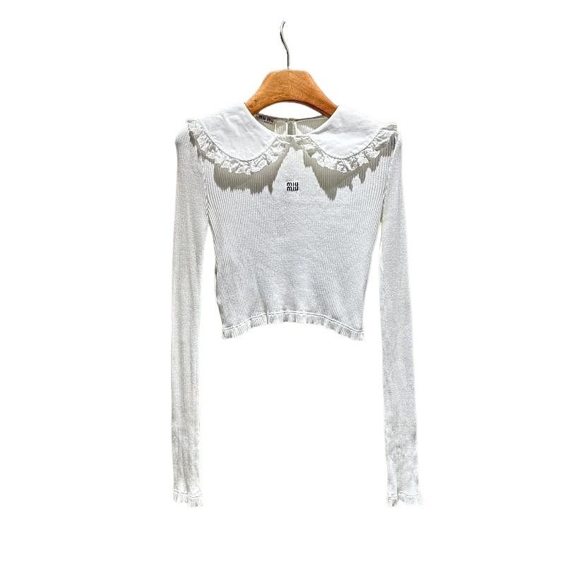 Miu Miu Logo Collar Long Sleeve T-Shirt Size Xs in White, Women's