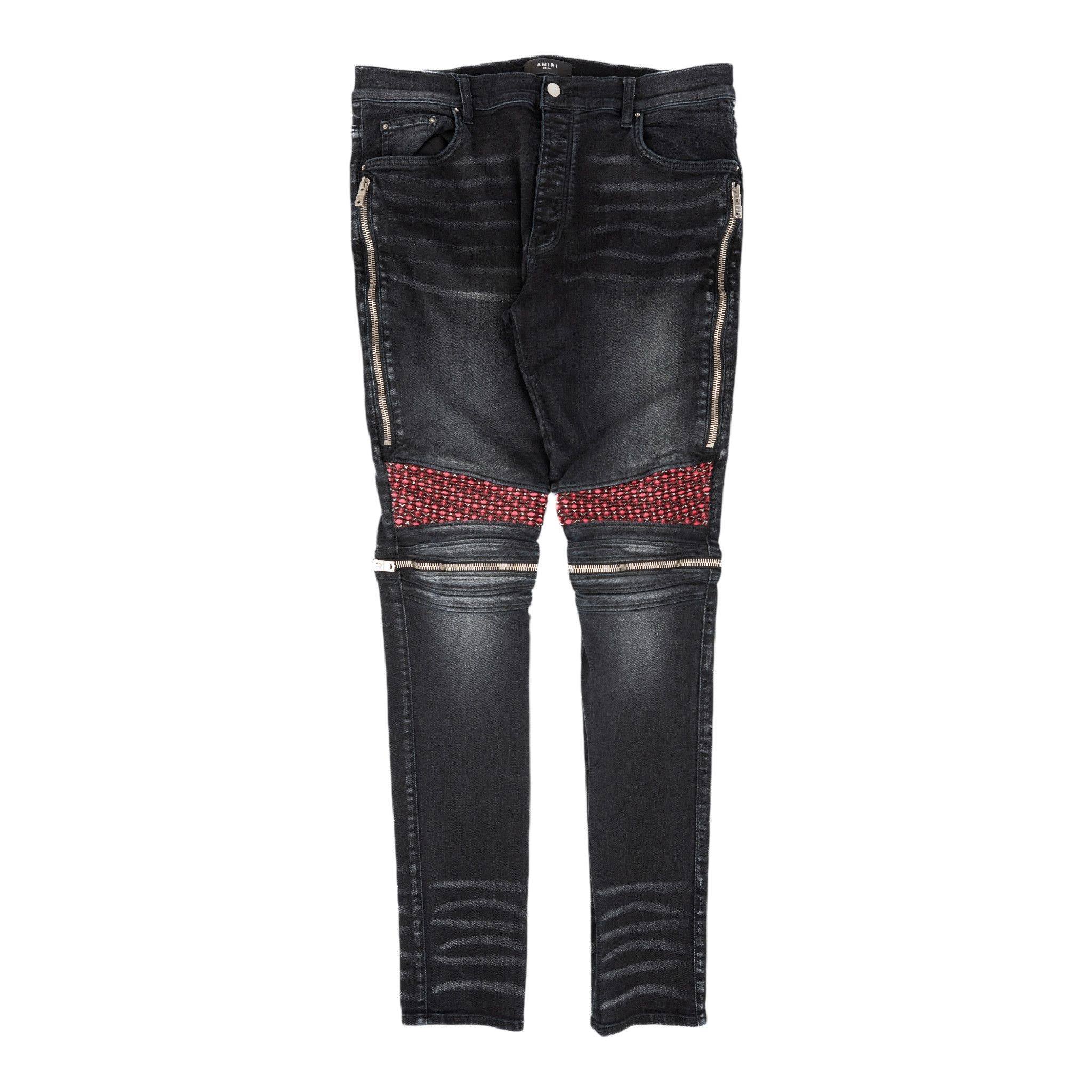 Jean Skinny Femme AMIRI Noir Modèle MX1 Moto - Taille 28 - Détails Cuir, Déchirures, Fermeture éclair - Occasion Très Bon état