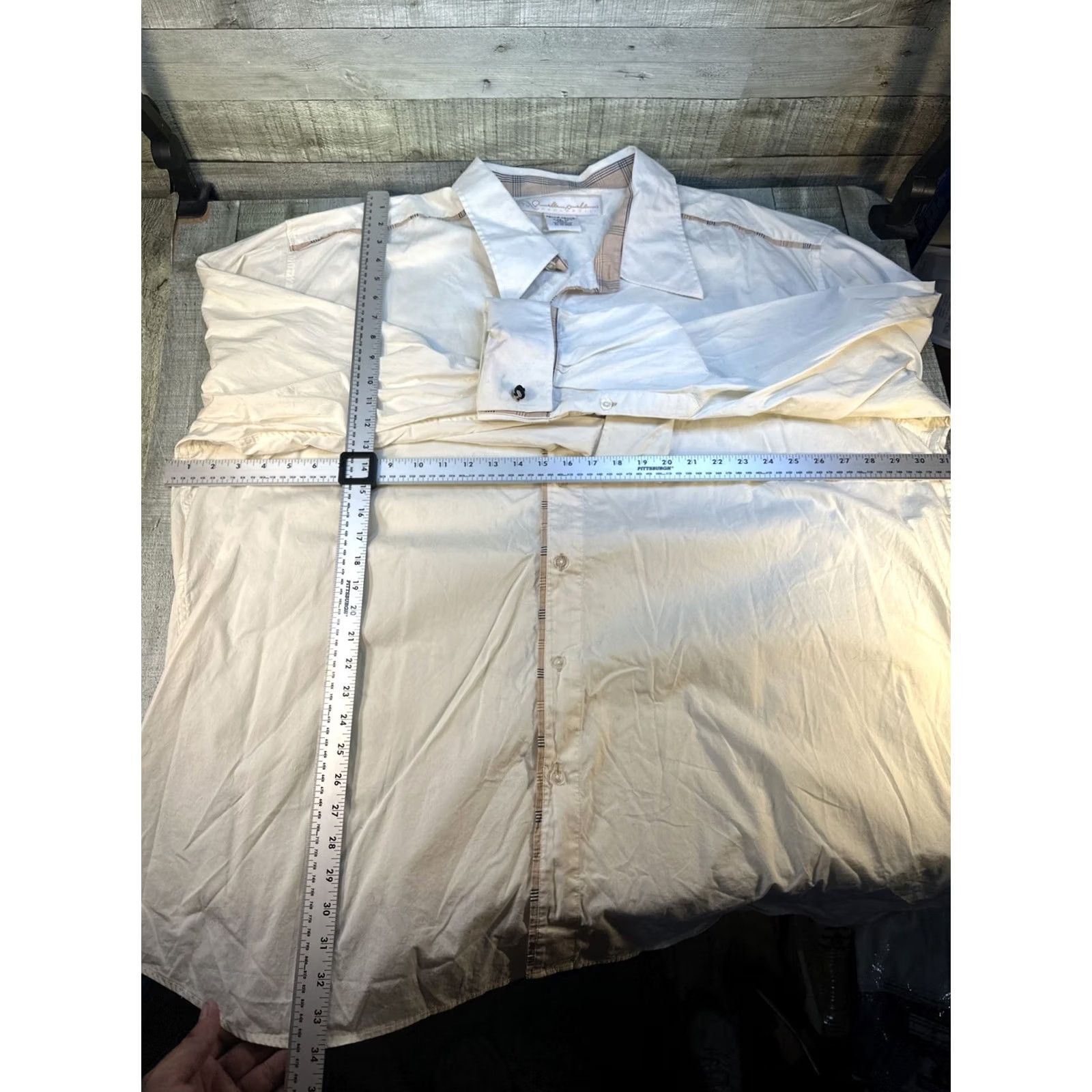 Pelle Pelle VINTAGE Pelle Pelle Dress Shirt 4XL 90s 00s French Cuff Plaid Trim Button-Up Men's Shirt Ivory Size 48R - 3 Thumbnail