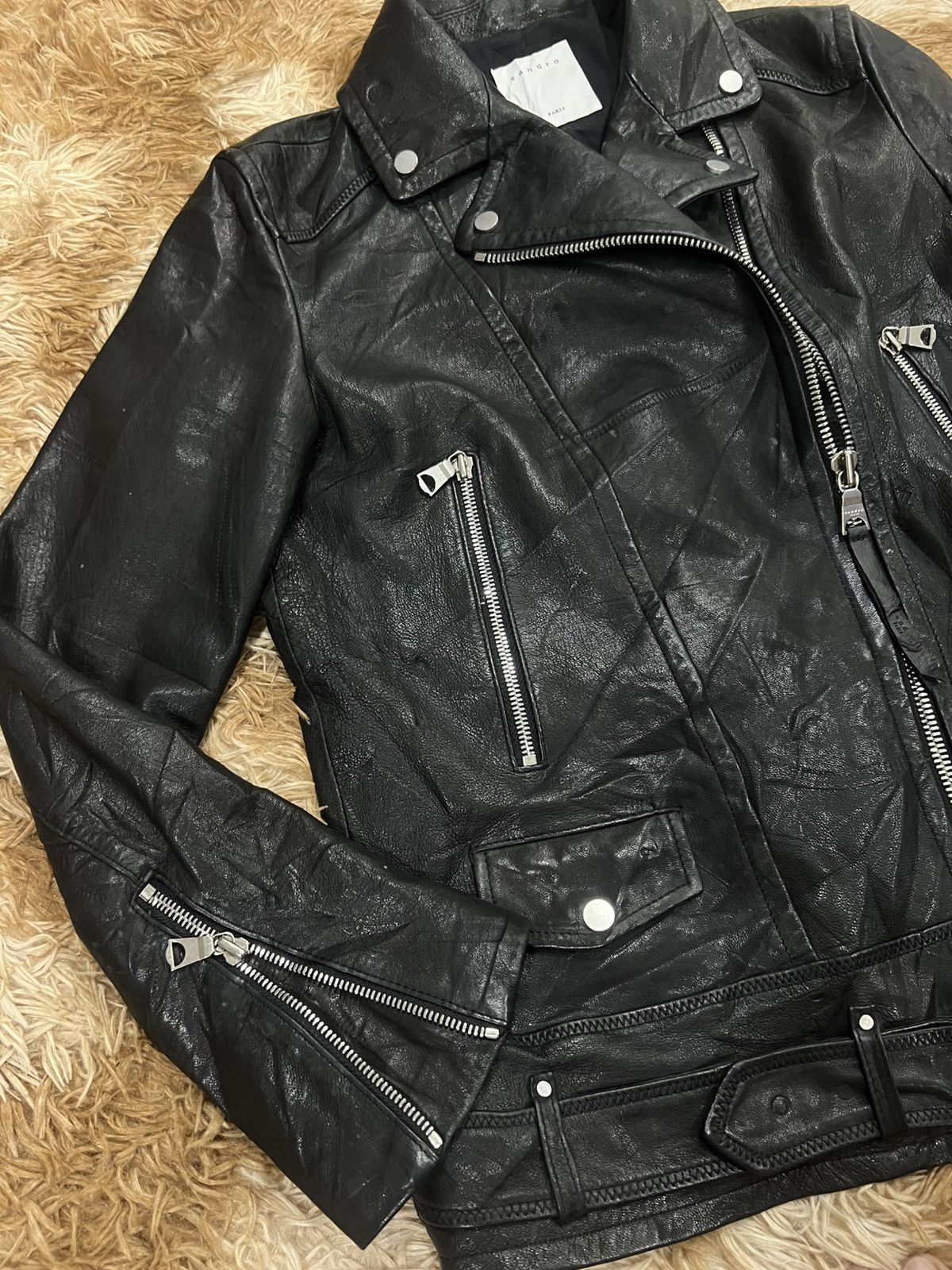 Sandro Sandro Paris Lambskin Leather Biker Jacket Size US XS / EU 42 / 0 - 7 Thumbnail