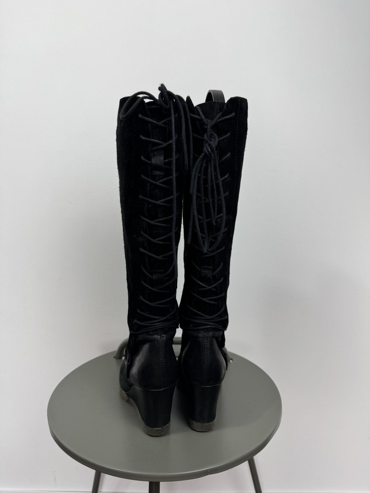 Other Vintage Black Wedge Knee High Boots Back Lace Up Suede EU 38 Size US 7 / IT 37 - 9 Thumbnail