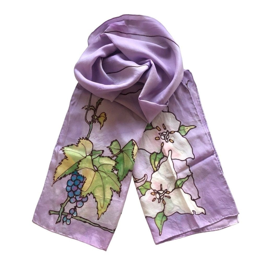 Handmade Vintage 90s Handcrafted Silk Scarf White Trillium 59x14 in Size ONE SIZE - 3 Thumbnail