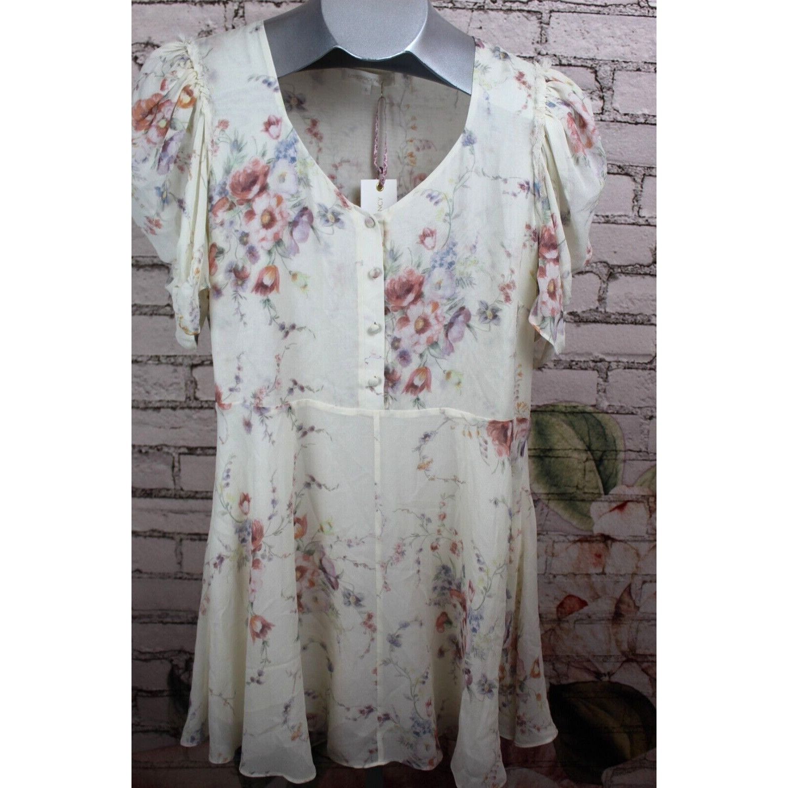 image of Loveshackfancy Cora Silk Dress Mini Floral Short Sleeve New in Ivory, Women's (Size Large)