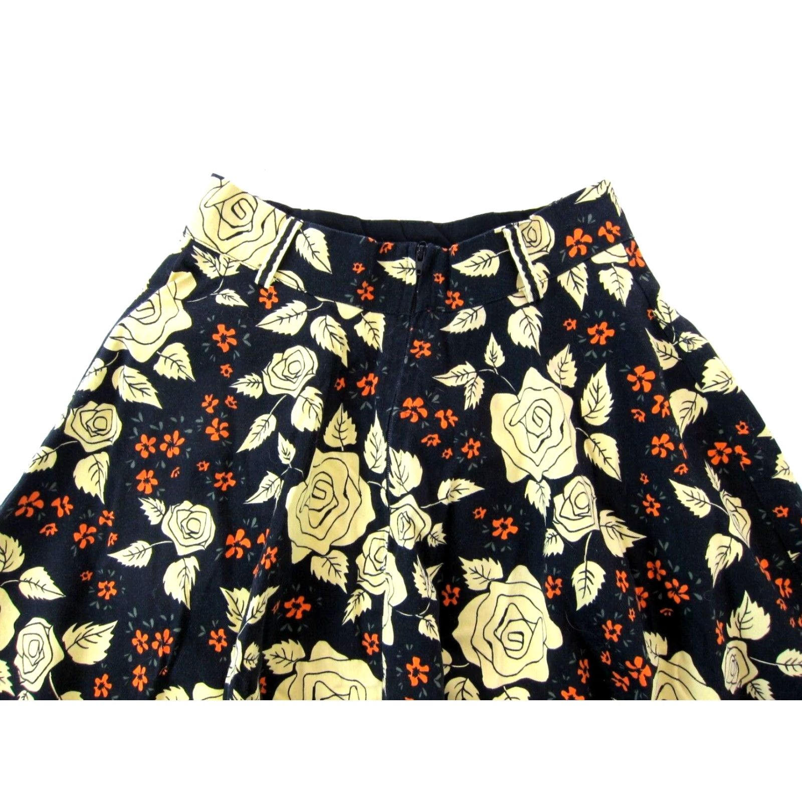 Vintage Voodoo Vixen Black Ivory Orange Floral Rockabilly Cotton Stretch A-Line Skirt S Size 28" / US 6 / IT 42 - 5 Thumbnail
