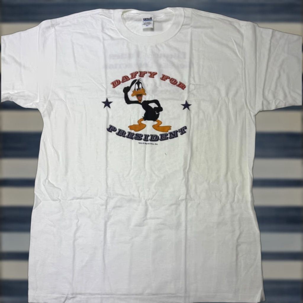 Anvil VINTAGE Warner Bros Daffy Duck for President Tee Shirt XL White Unisex Adults Crew Neck Short Sleeve Cartoon 90s Collectible Mens Womens Size US XL / EU 56 / 4 - 1 Thumbnail