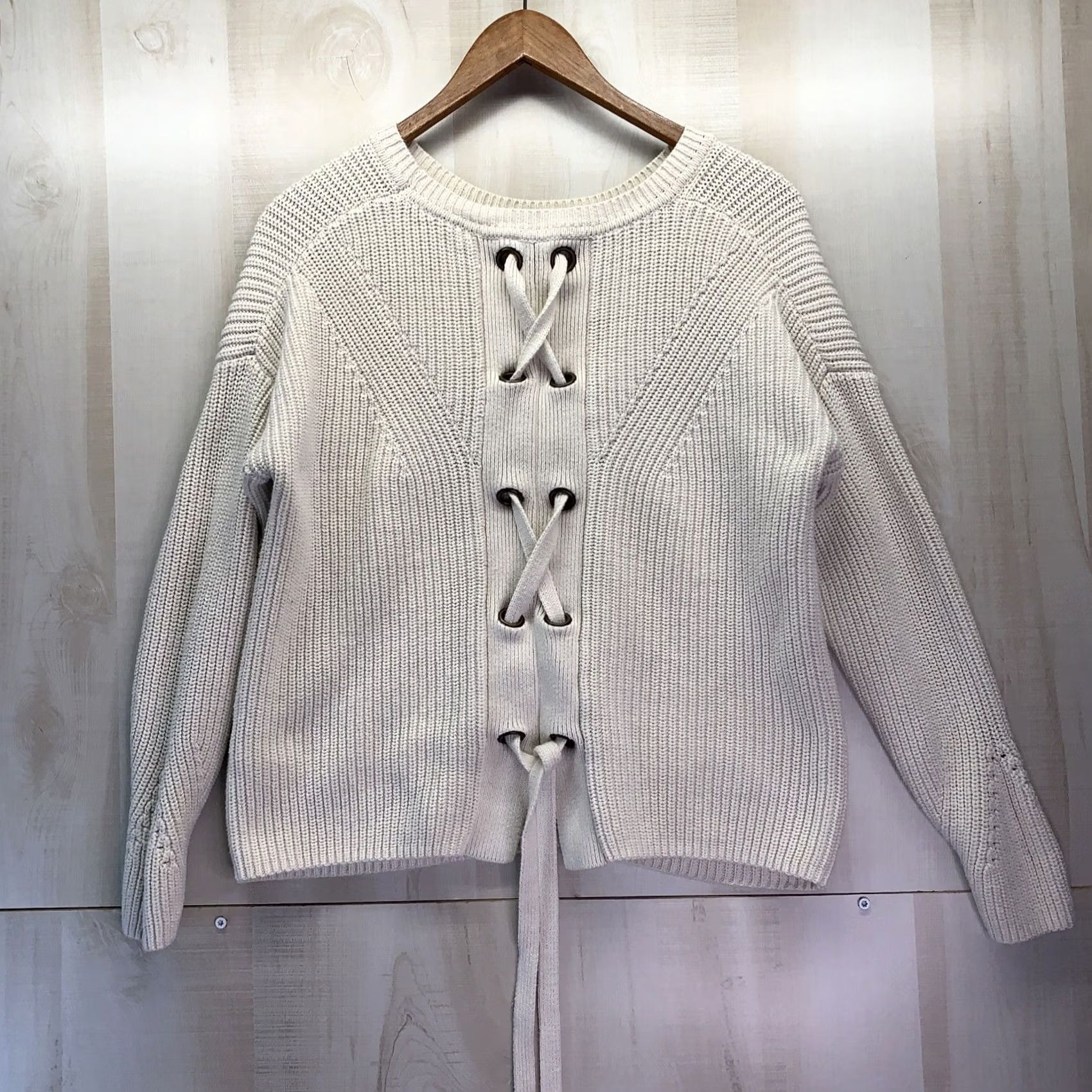 Lucky Brand Lucky Brand Women’s Lace Up Back Knit Ivory Sweater M, Knit, Pullover, 3/4 Sleeve, Regular, Ivory, Womens, Fall Winter Spring, Casual Size M / US 6-8 / IT 42-44 - 3 Thumbnail
