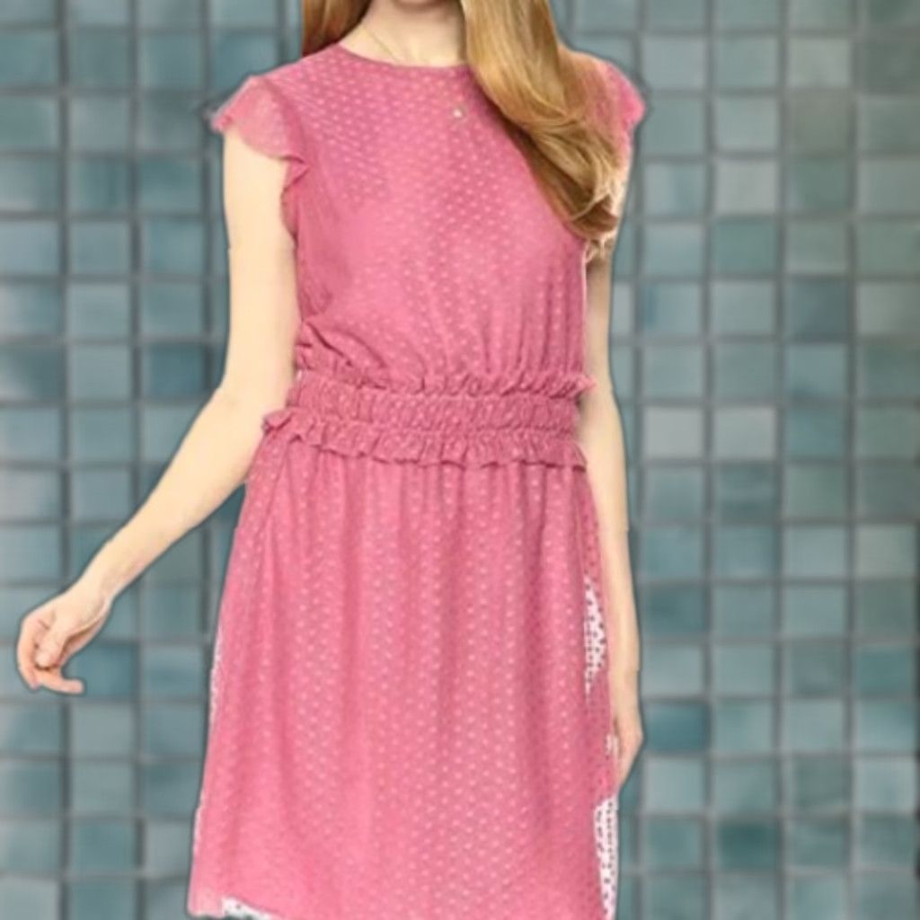 Pinko Ella Moon Women’s Sleeveless Ruffle Shoulder Smocked Waist Mini Dress M Heather Pink 90s Moon Rose Pattern Size M / US 6-8 / IT 42-44 - 1 Thumbnail