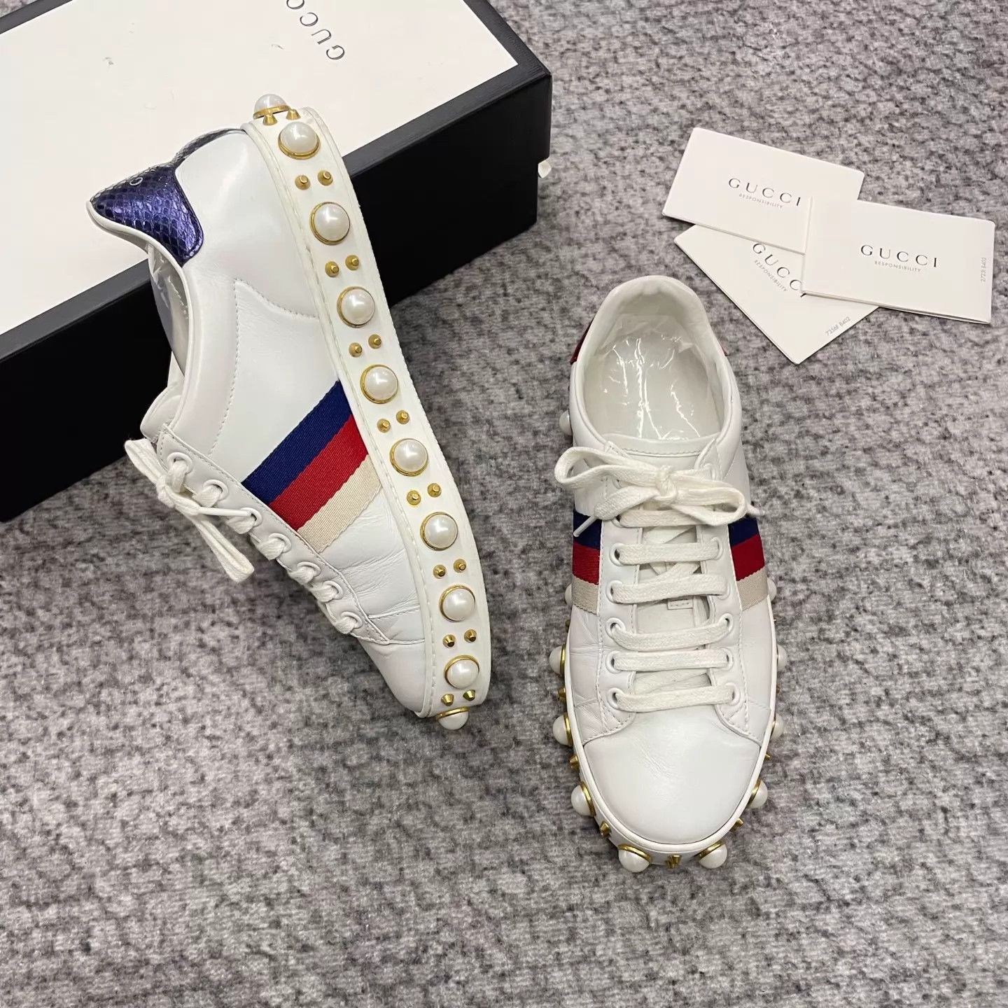 Gucci Gucci ACE Pearl-Embellished White Sneakers 35W Size US 4.5 / IT 34.5 - 4 Thumbnail