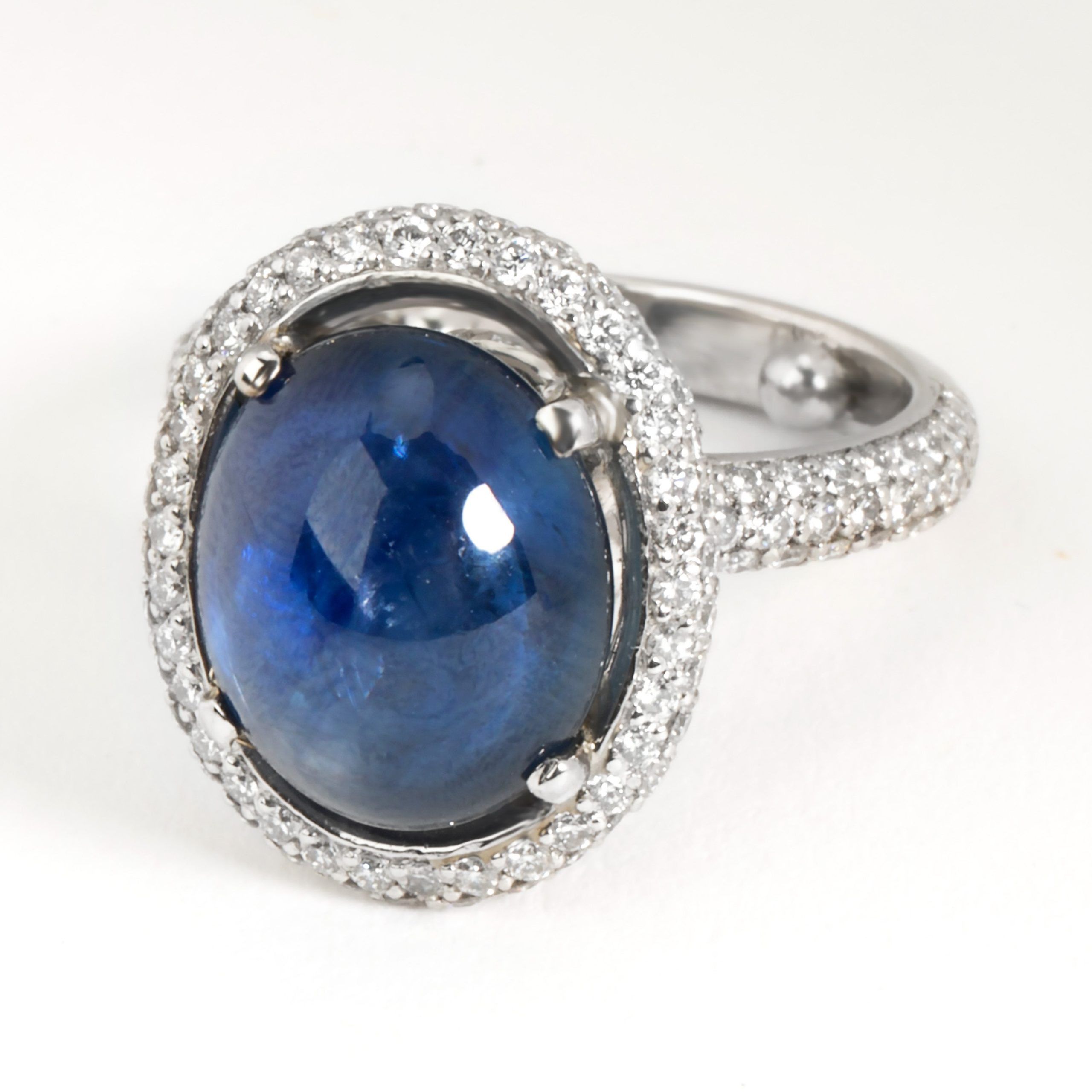image of Cartier Vintage Sapphire Cabochon & Diamond Ring In Platinum in Silver, Women's