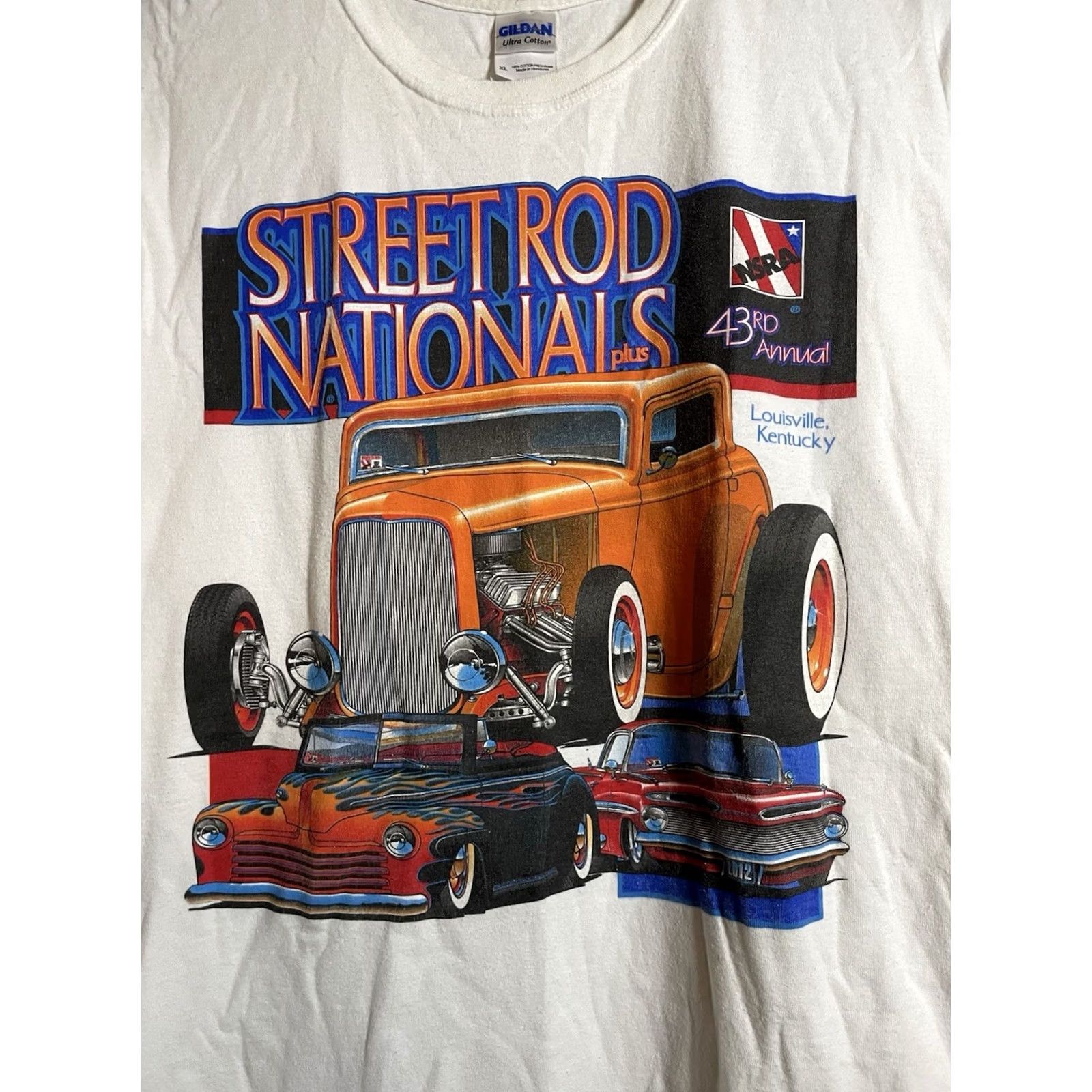 Gildan VINTAGE Street Rod Nationals Shirt Mens XL White Short Sleeve NSRA 43rd Louisville D435 Gildan T-Shirt Mens White Size US XL / EU 56 / 4 - 2 Thumbnail