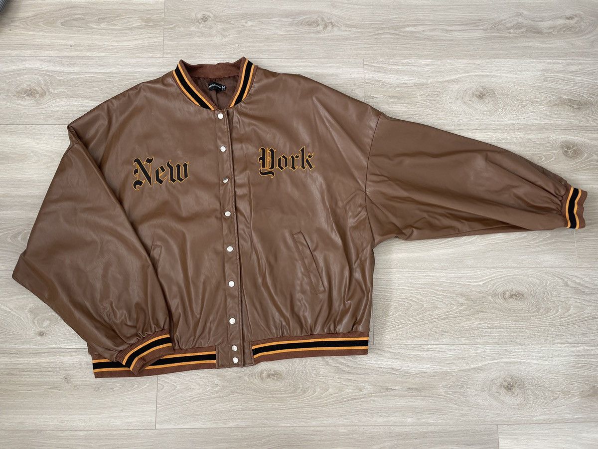 PrettyLittleThing Brown Faux Leather Varsity jacket with NEW YORK spelled out Size 3XL / US 20-22 - 10 Thumbnail