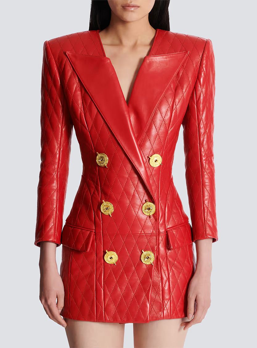 Balmain o1s1wg111225 Short Quilted Leather Dress in Red Size M / US 6-8 / IT 42-44 - 4 Thumbnail