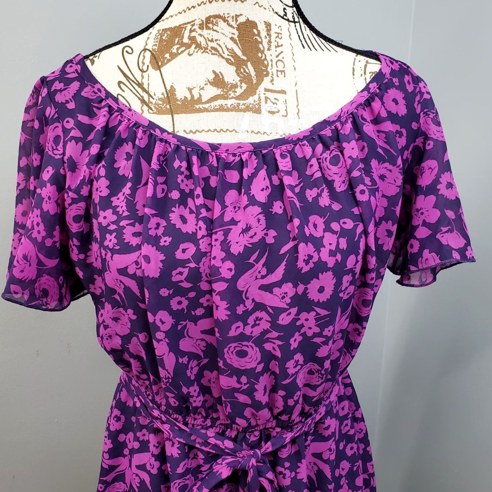 Vintage Fishbowl Mini Dress Womens Size S Purple Floral Cinch Waist Chiffon Flutter Sleeve Size S / US 4 / IT 40 - 5 Thumbnail
