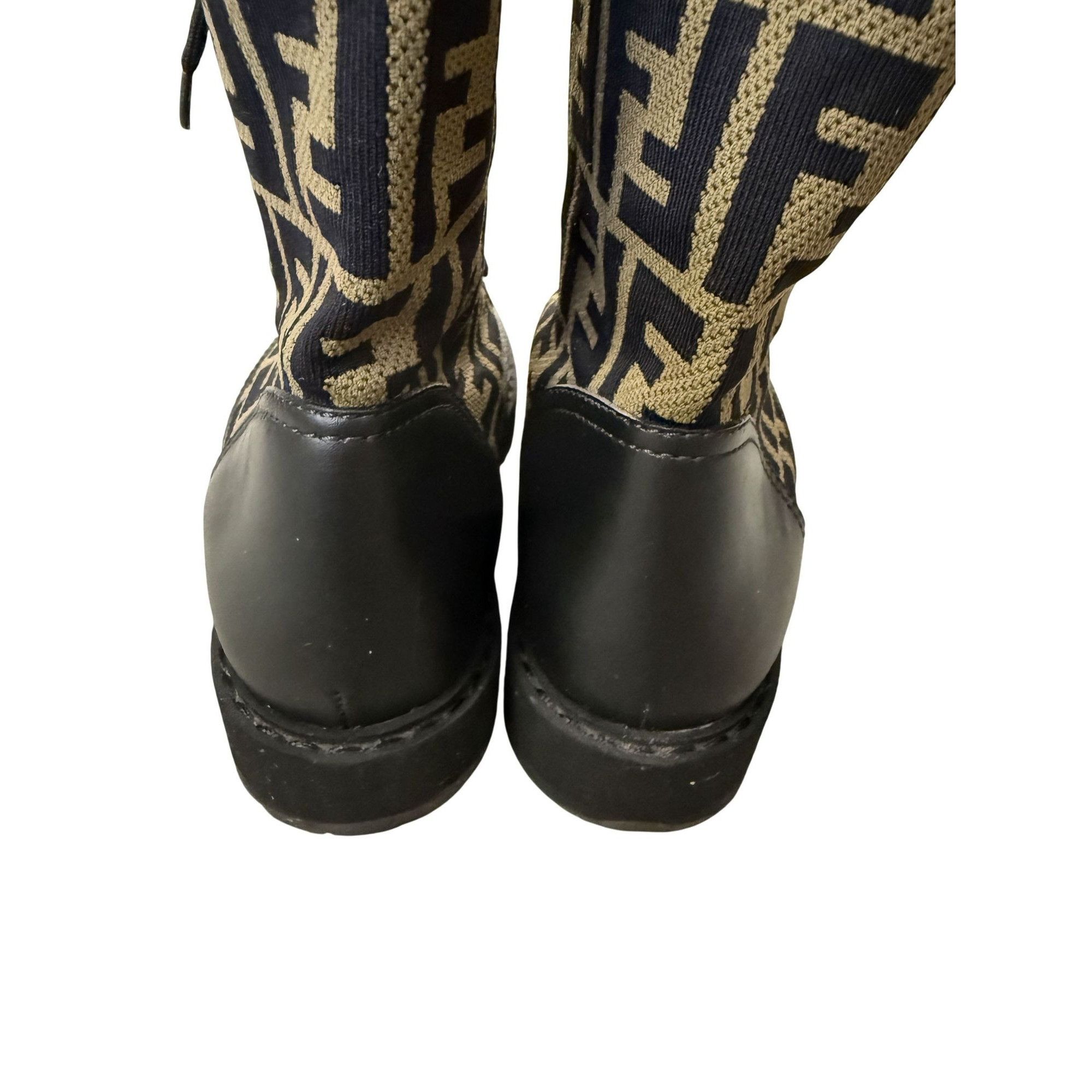 Fendi Fendi FF Logo Print Black Leather & Knit Lace-Up Combat Boot Size US 9 / IT 39 - 9 Thumbnail