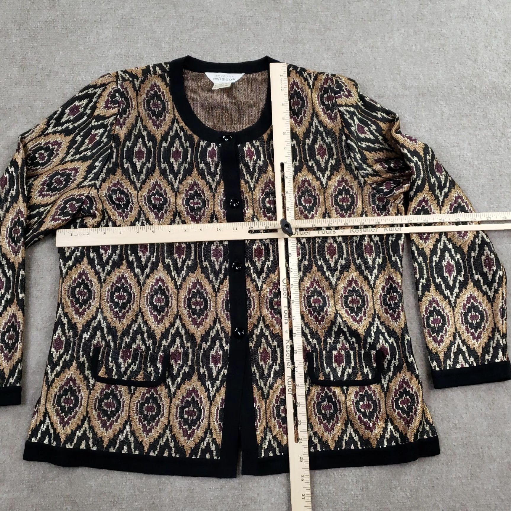 Vintage Misook Cardigan Womens Adult XL Black Gold Metallic Ikat Pockets Knit Size XL / US 12-14 / IT 48-50 - 2 Thumbnail