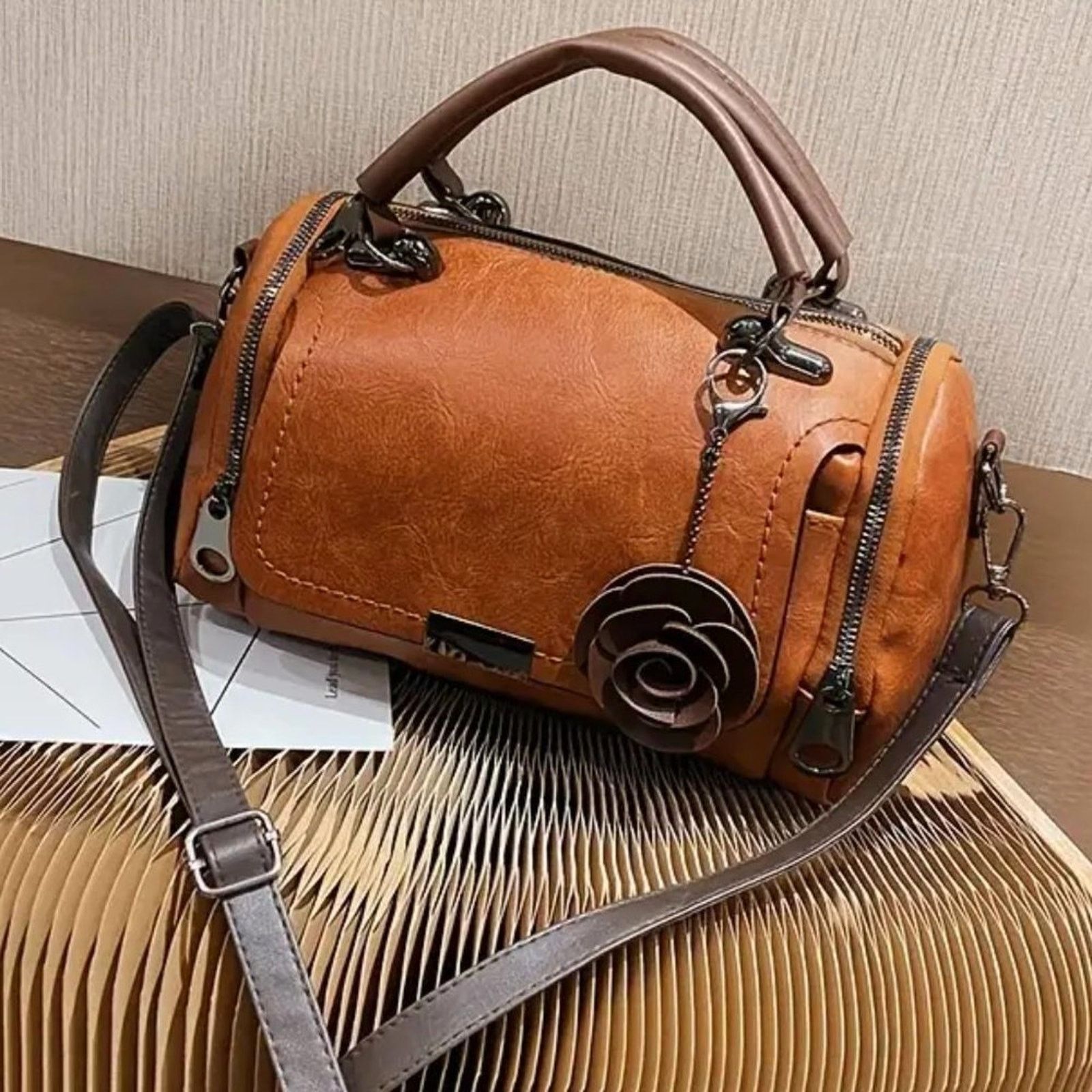 Other Vintage Boston Satchel Bag w/Flower Pendant - Yellow Brown Size ONE SIZE - 4 Thumbnail