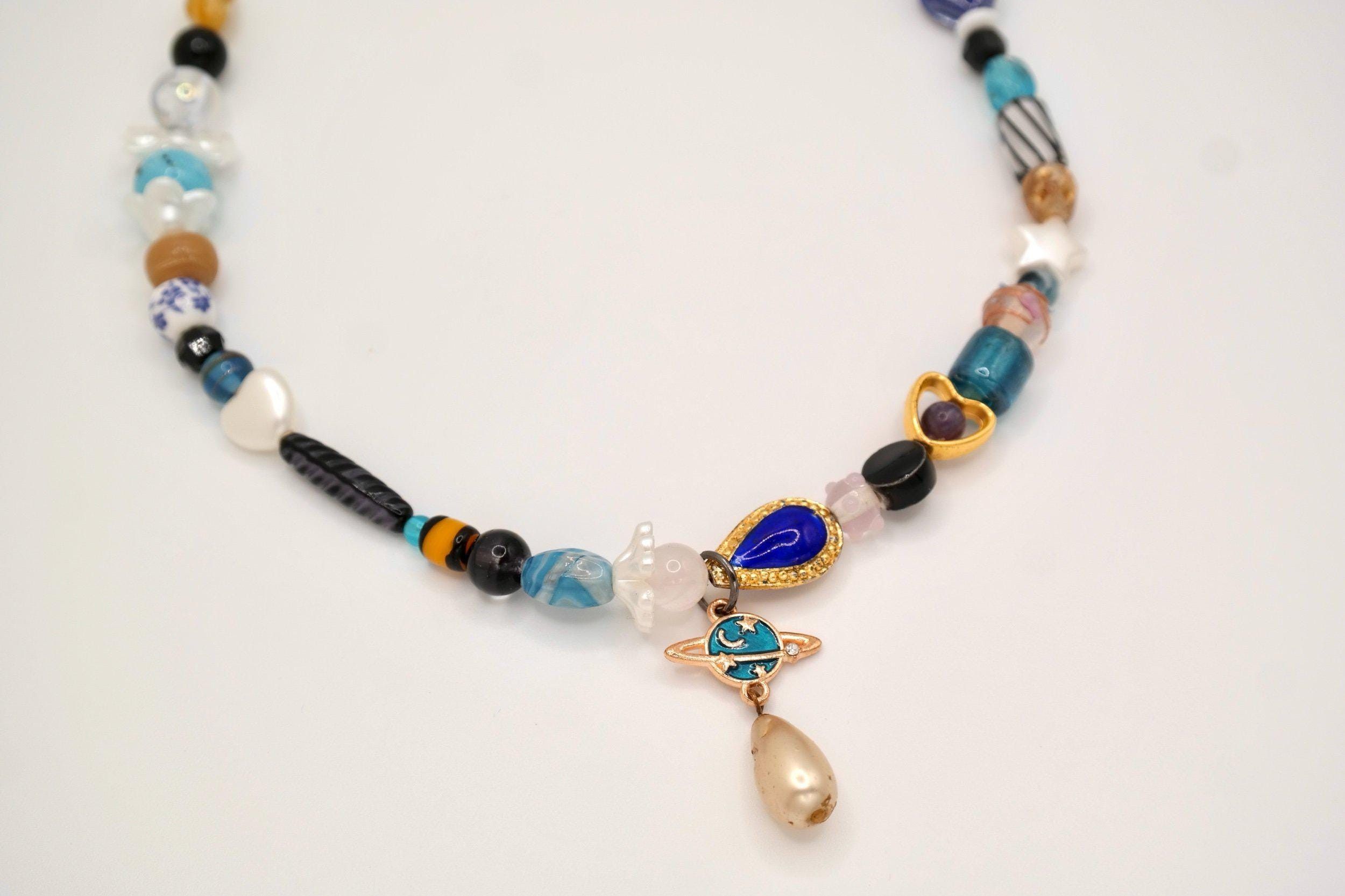 Handmade Blue & Gold Saturn Beaded Necklace Size ONE SIZE - 4 Thumbnail
