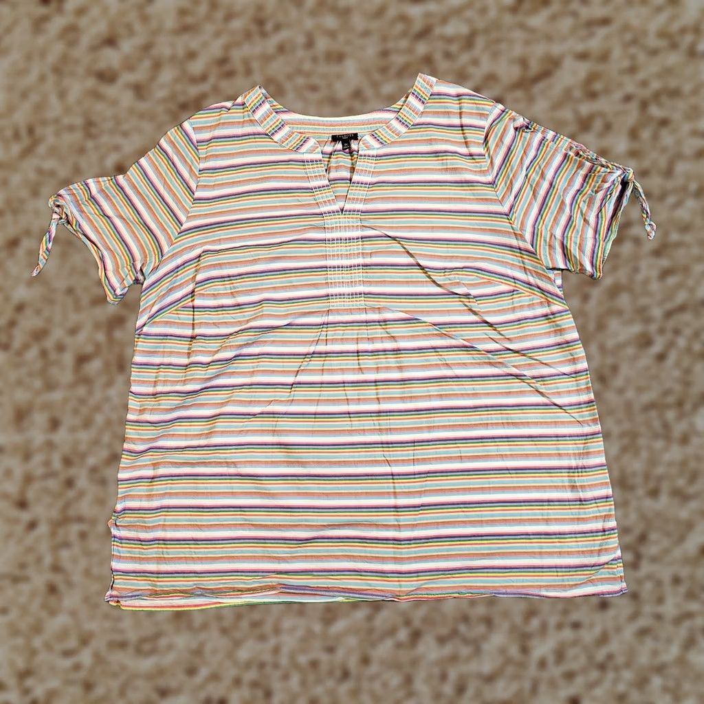 Talbots Talbots Top Women 3X Red Purple Stripe Short Sleeve Rainbow V Neck Casual Shirt Shirt Womens Plus 3X Red Rainbow Stripe V-Neck Short Sleeve Blouse Size XXL / US 16-18 / IT 52-54 - 1 Thumbnail
