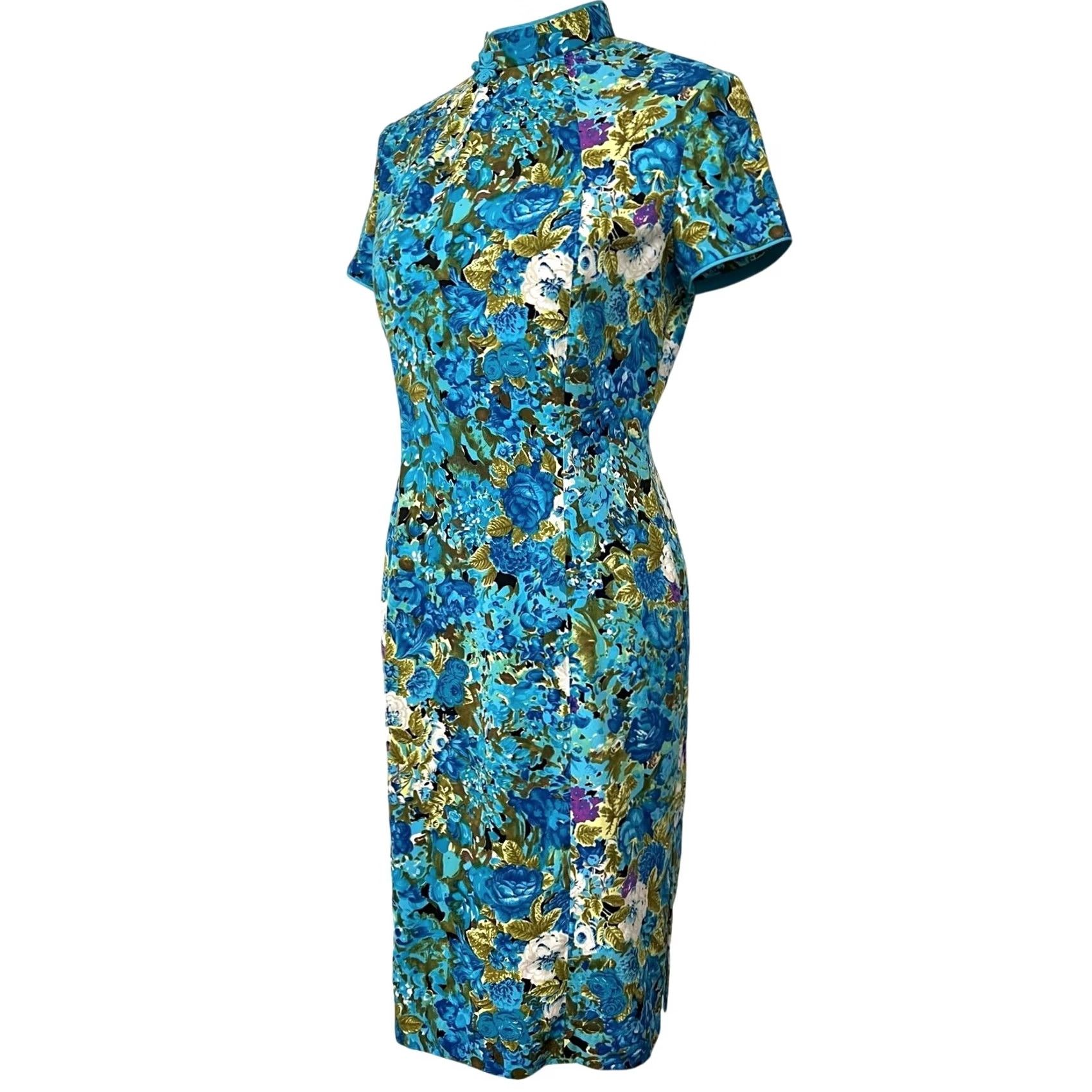 Vintage Jane Story Asian Women’s Dress Blue Floral Mandarin Collar 165/88A Sz L Size L / US 10 / IT 46 - 4 Thumbnail