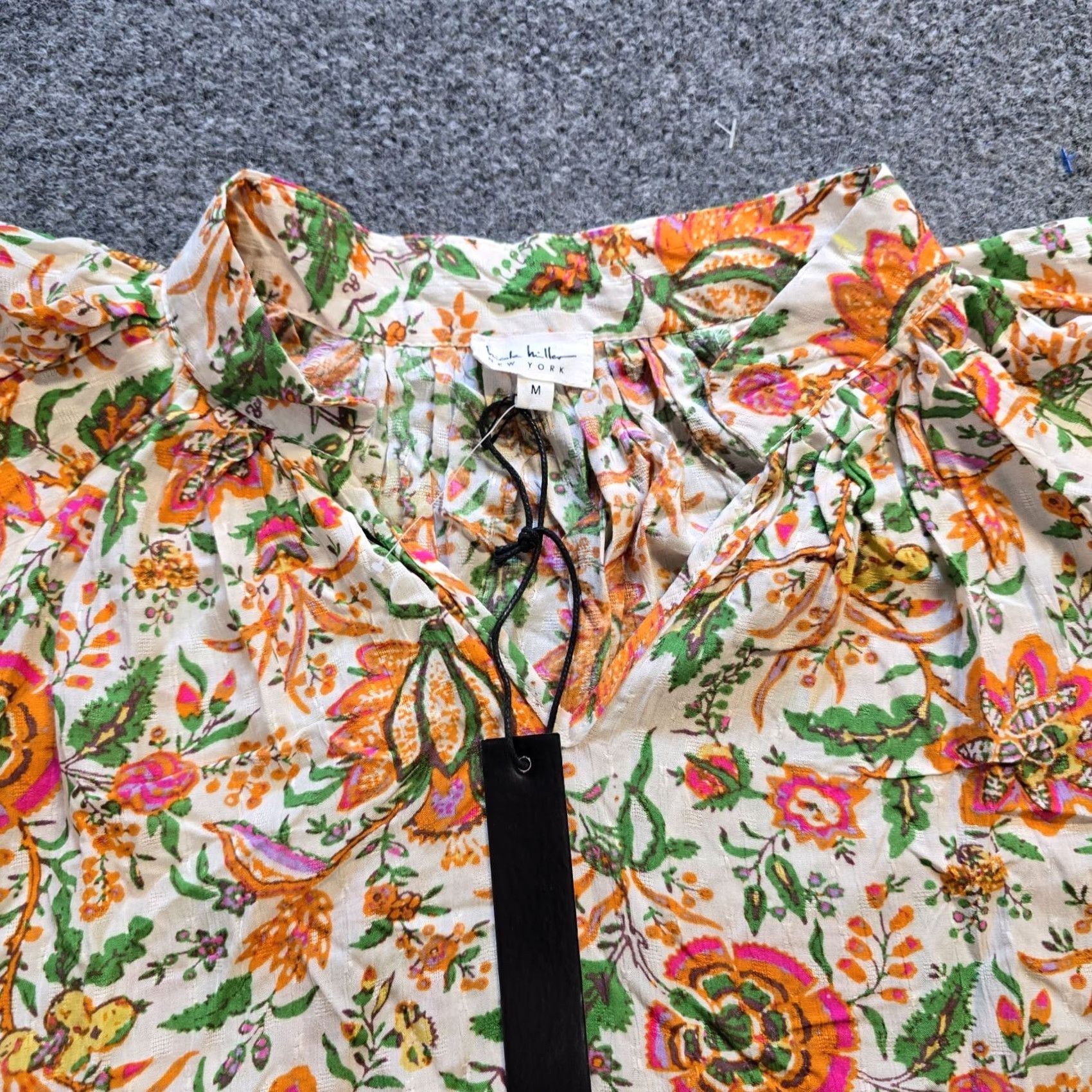 Nicole Miller Nicole Miller Top Womens Size Medium Green Orange Floral Puffed Sleeve Casual Blouse Size M / US 6-8 / IT 42-44 - 2 Thumbnail