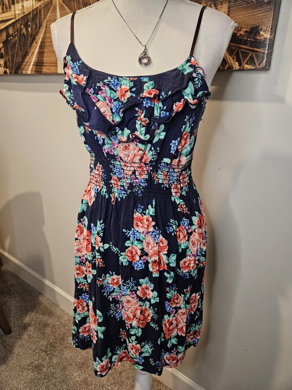 Designer Body Central Floral Ruffle Dress - Navy Blue Size S / US 4 / IT 40 - 1 Thumbnail