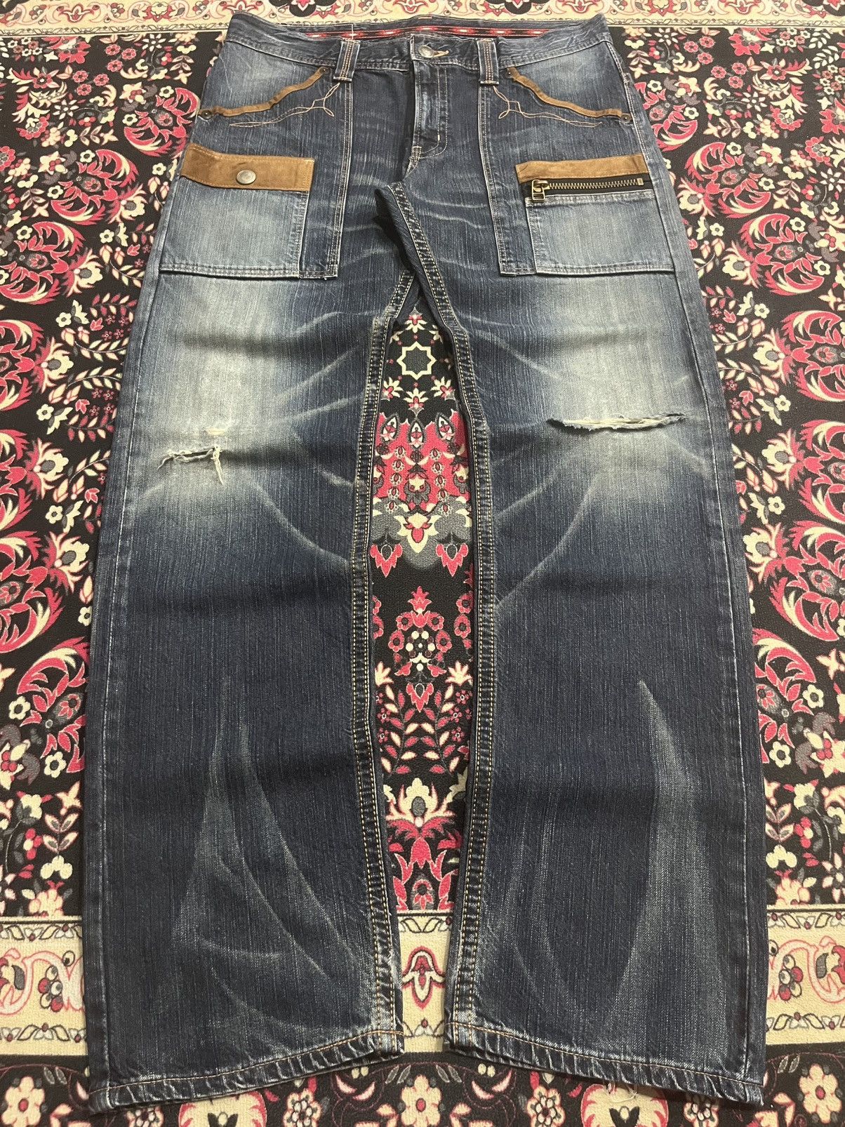 Who Decides War Vintage Edwin XV Double Pocket Blue Washed Whisker Rip Jeans Size US 34 / EU 50 - 1 Thumbnail