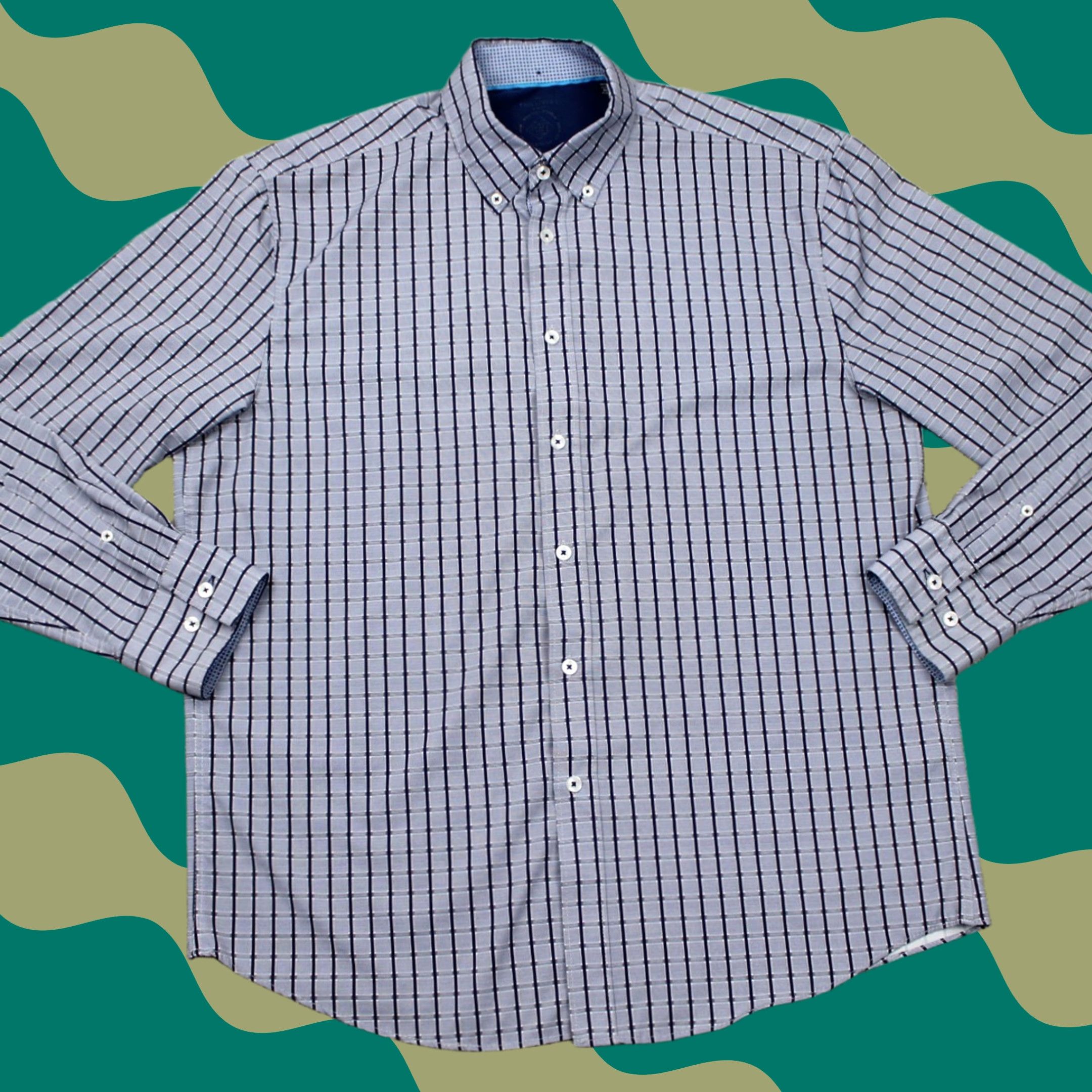 Vintage Construct Shirt Men L Blue 90s Geometric Button-Up Slim Short Sleeve? Size US L / EU 52-54 / 3 - 1 Thumbnail