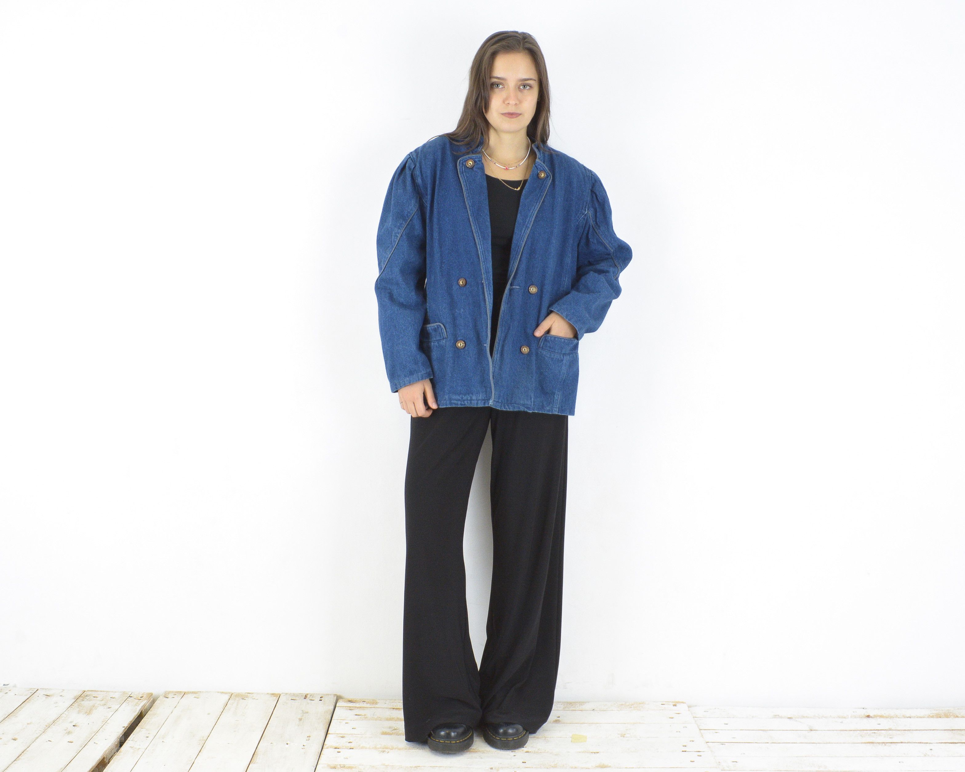 Vintage L Denim Jean Jacket Button Up Blazer Double Breasted Top Size L / US 10 / IT 46 - 2 Thumbnail