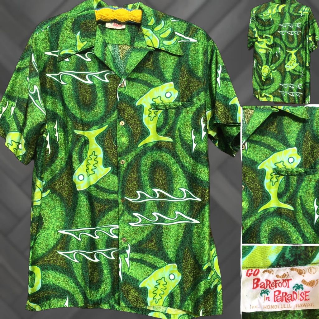 Vintage Go Barefoot Honolulu Hawaiian Shirt Hawaii Tiki Aloha Fish L Green Short Sleeve Casual Sportswear/Beach Mens L