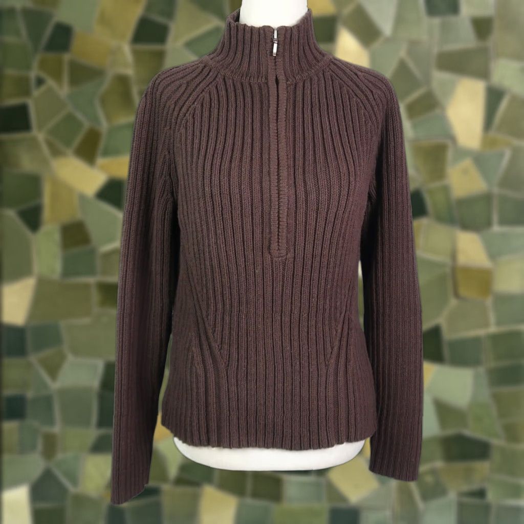 Vintage VINTAGE Caslon Dark Brown Ribbed Knit 1/4 Zip Cotton Sweater L Size L / US 10 / IT 46 - 1 Thumbnail