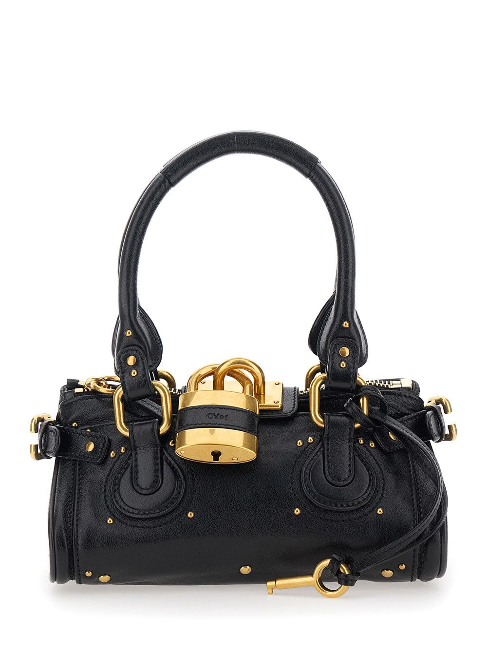 'Paddington' Black Handbag with Two Top Handles and Padlock on the Front in Leather Woman