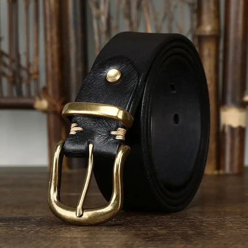 Leather × Vintage Cowhide Genuine Leather High Quality Jean Brass Buckle Belts Size ONE SIZE - 1 Thumbnail