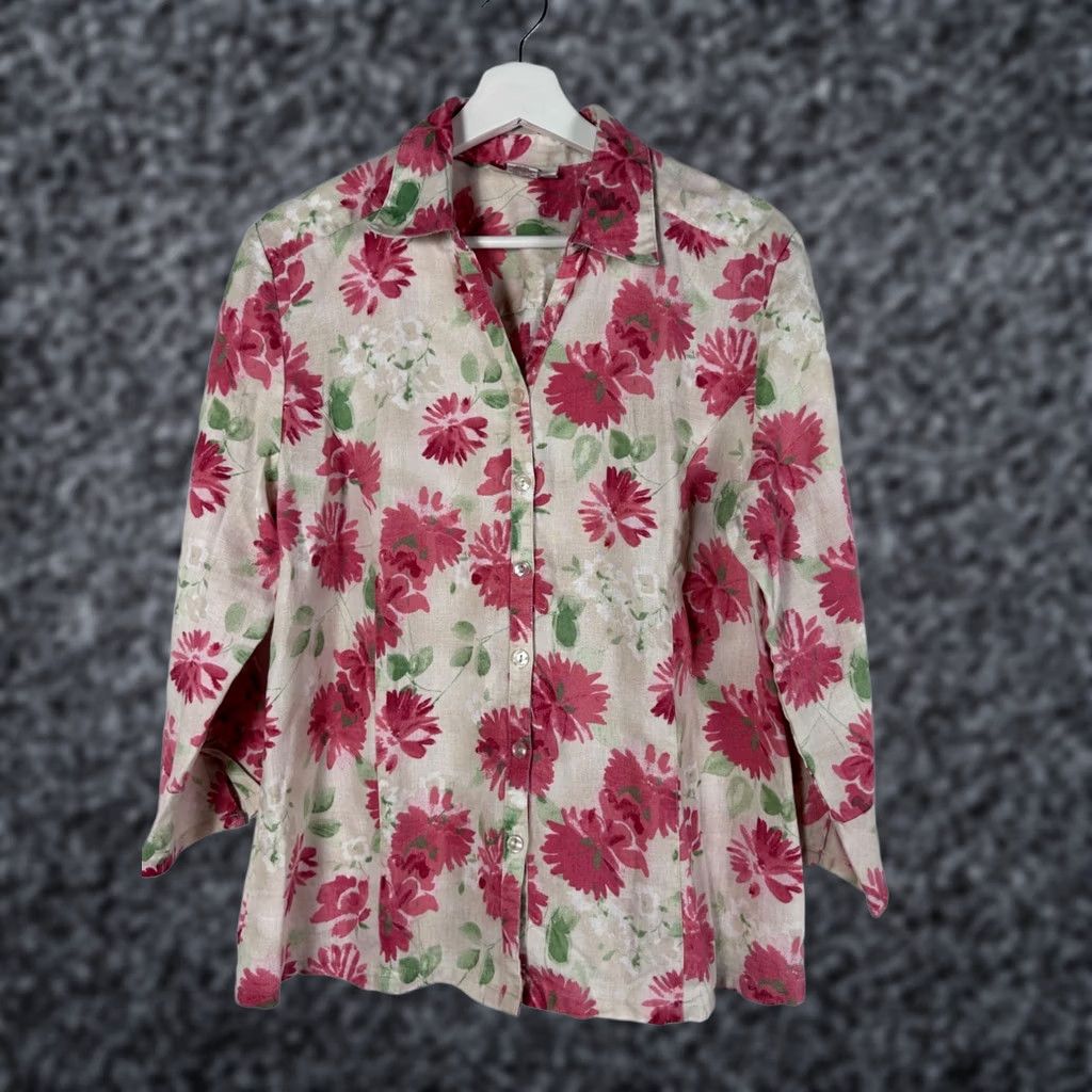 JM Collection JM Collection Womens Floral Button-Up 3/4 Sleeve Linen Blouse Size 12 Pink/Green Size XL / US 12-14 / IT 48-50 - 1 Thumbnail