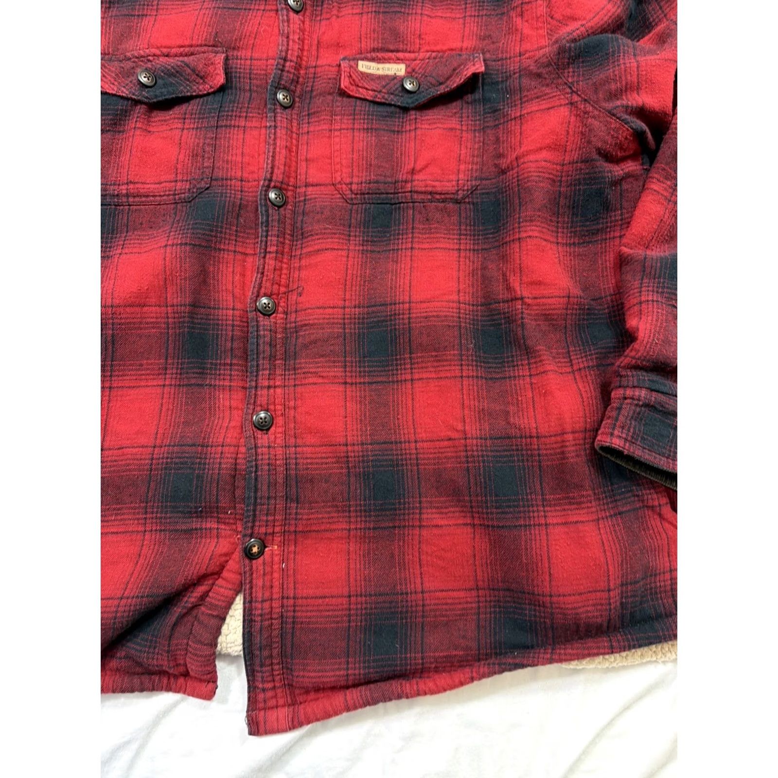 Vintage VINTAGE Field & Stream Jacket Mens XL Red Plaid Sherpa Lined Flannel Shacket Cord Elbows Size US XL / EU 56 / 4 - 6 Thumbnail