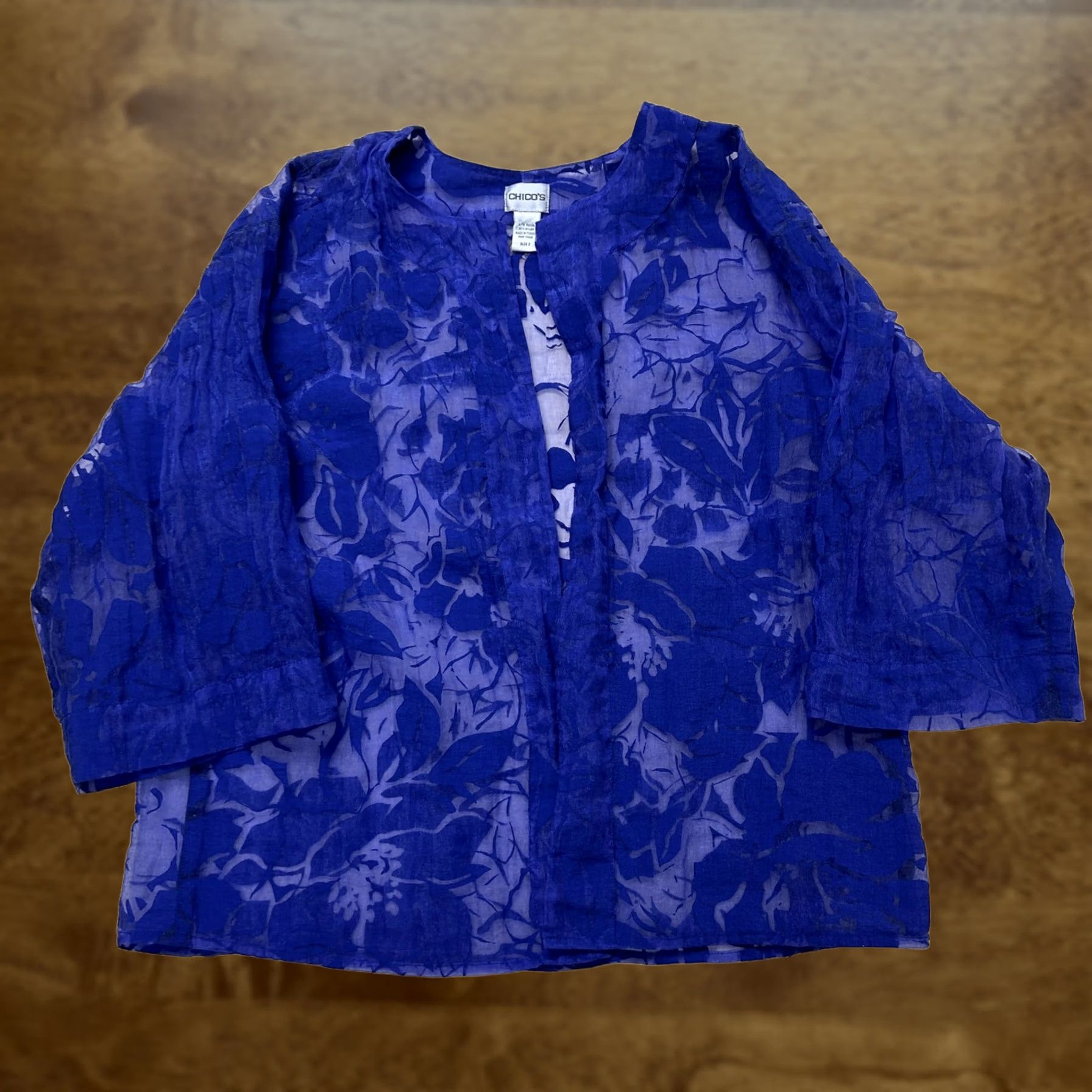 Vintage Chico's Blue Floral Kimono Blouse Womens 2 Lightweight 3/4 Sleeve Open Front Size XS / US 0-2 / IT 36-38 - 1 Thumbnail