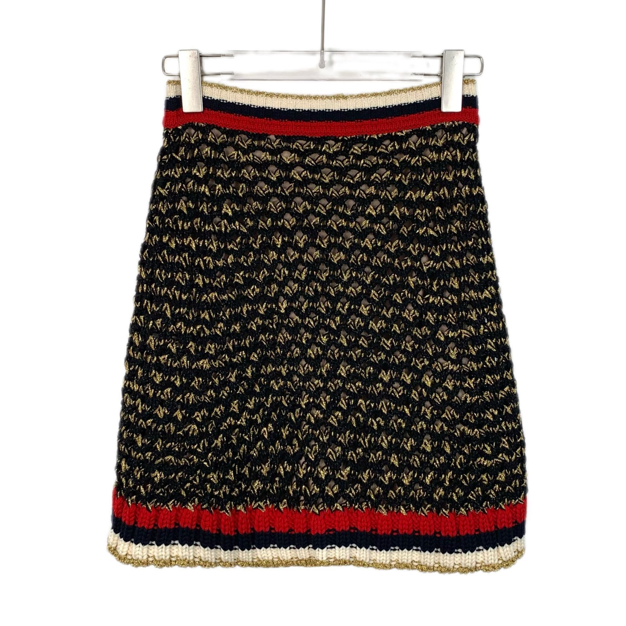 Gucci XS Black & Gold Woven Cotton Blend Skirt With Red/Whit