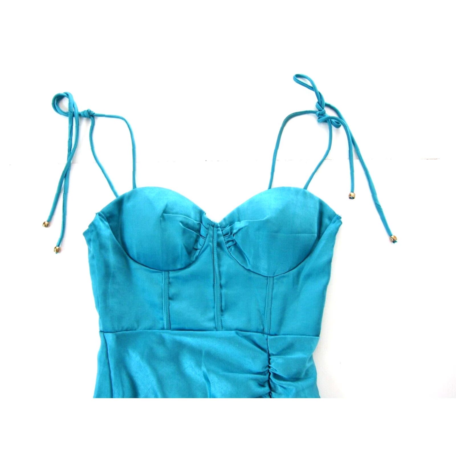 Hereu Here Comes The Sun Teal Spaghetti Strap Ruched Bustier Midi Cocktail Dress Small Size S / US 4 / IT 40 - 3 Thumbnail