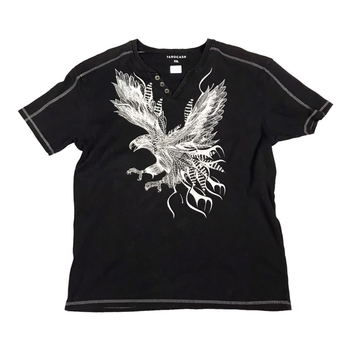 BLACK FADED PUNK STYLE TSHIRT BUTTON COLLAR