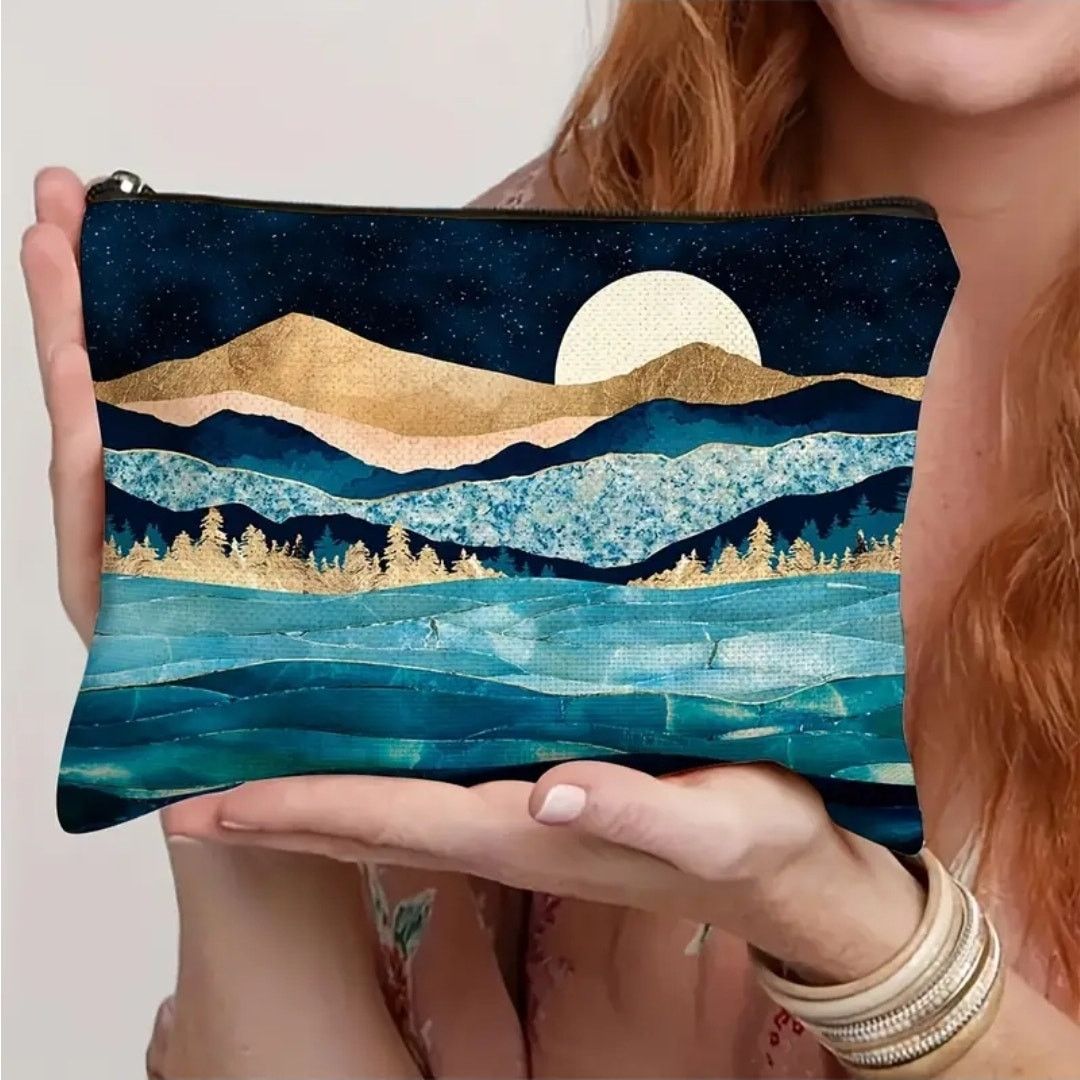 Other Mountain Landscape Zipper Cosmetic Pouch - Blue Makeup Bag Size ONE SIZE - 2 Thumbnail