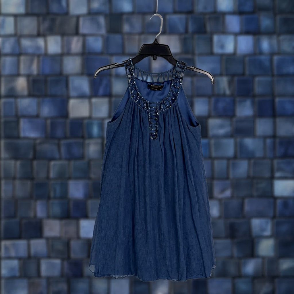 Bcbgmaxazria BCBGMAXAZRIA Dress Womens 2P Blue Beaded Halter Chiffon Swing Short Trapeze Y2K Ladies Petite Size 26" / US 2 / IT 38 - 1 Thumbnail