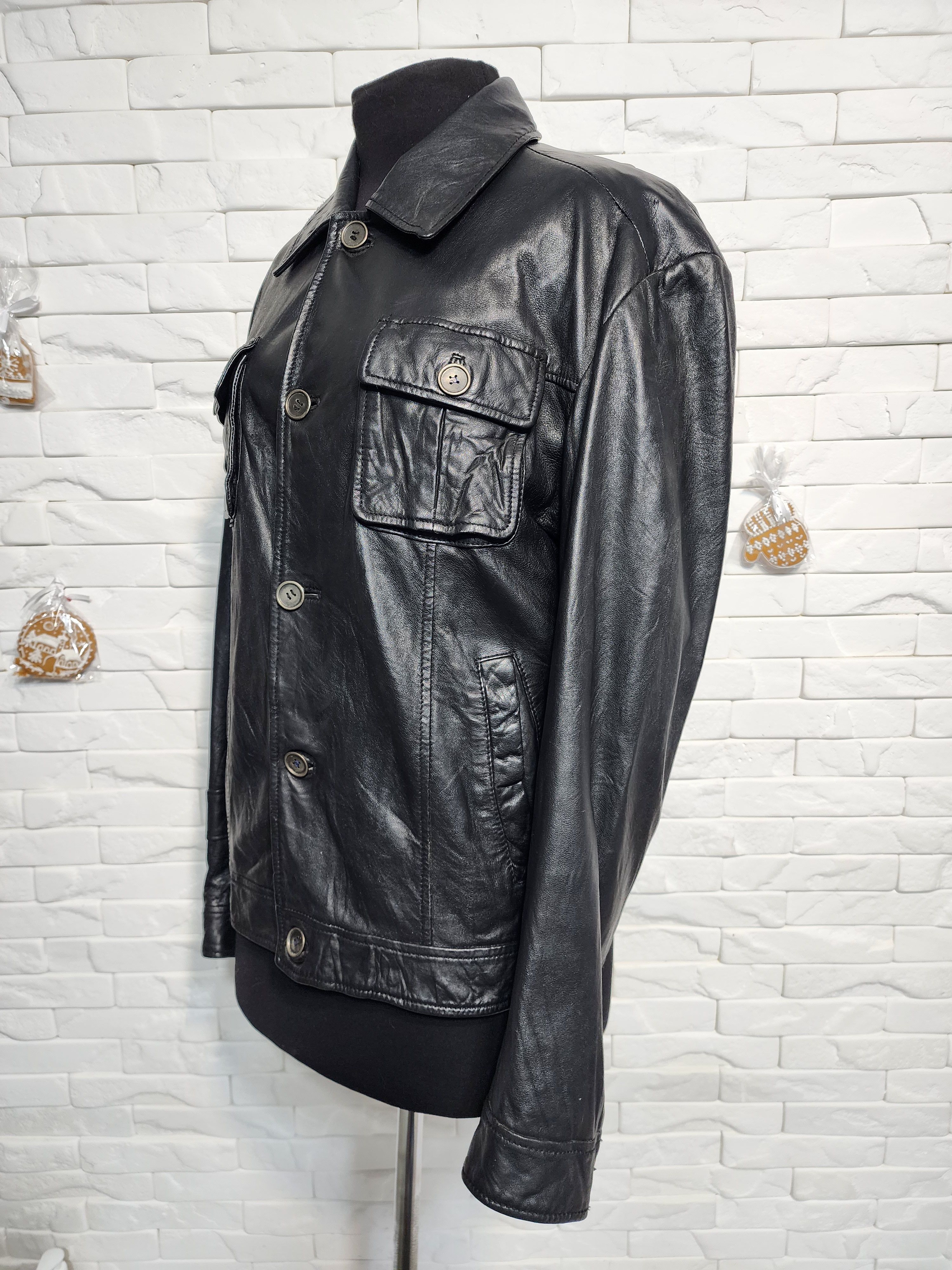 Other Men's Black Genuine Leather Jacket: Button Up Style, Pockets Size US L / EU 52-54 / 3 - 2 Thumbnail