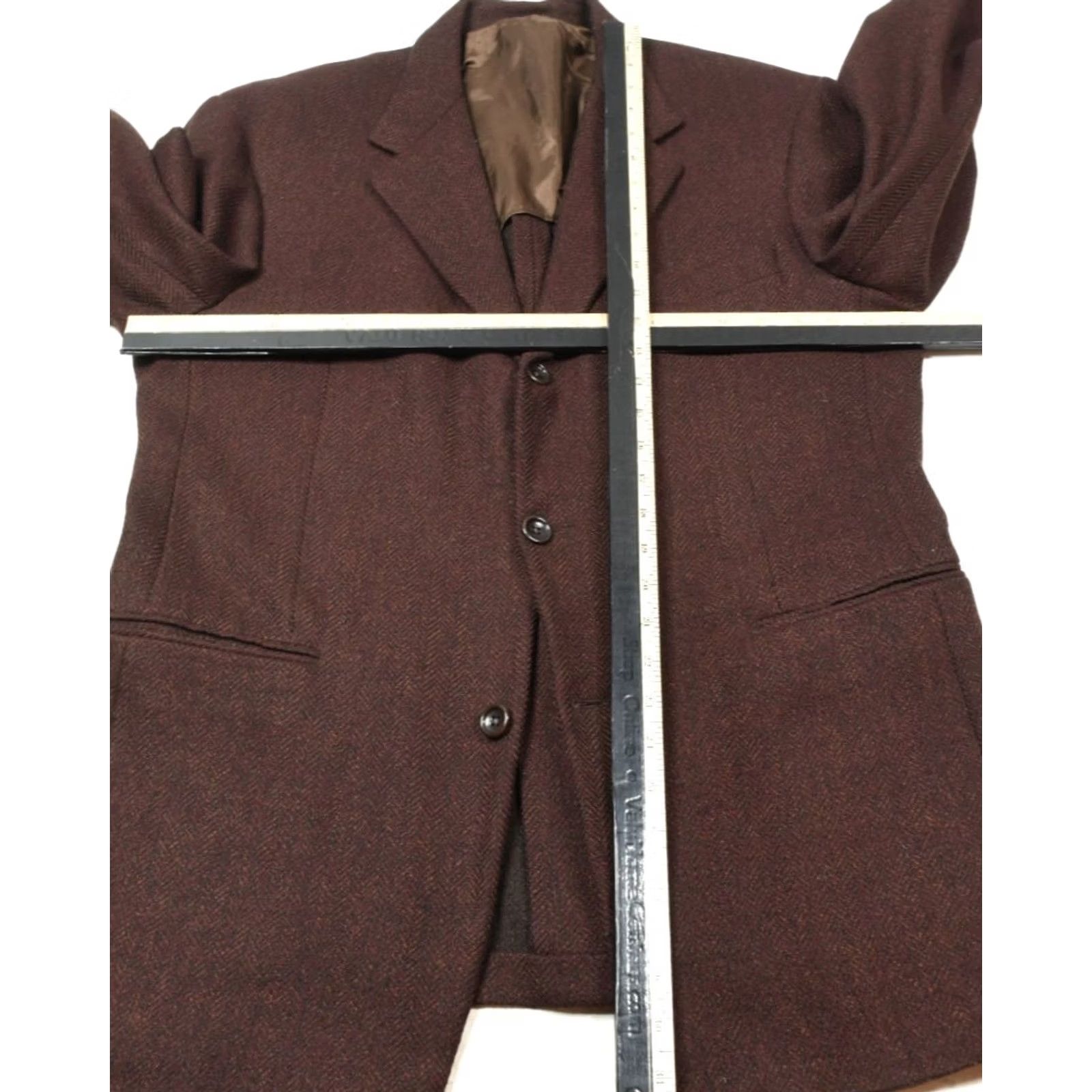 Vintage Hickey Freeman Blazer Mens 41R Maroon Herringbone Three-Button Wool Tweed Notch Lapel Single-Breasted Regular Fit Dress Coat Jacket Ensemble Size 42R - 7 Thumbnail