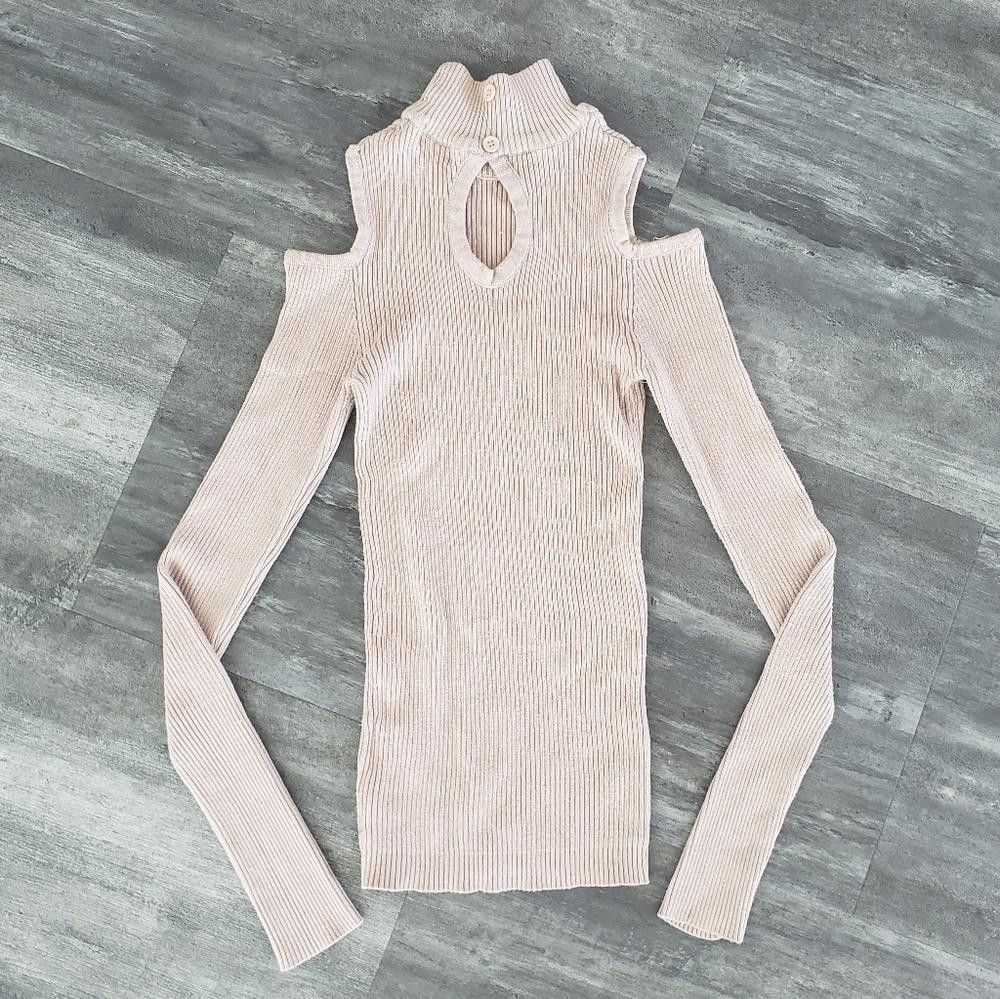 Designer Light Chocolate LBC Cold Shoulder Turtleneck Sweater Size M / US 6-8 / IT 42-44 - 2 Thumbnail
