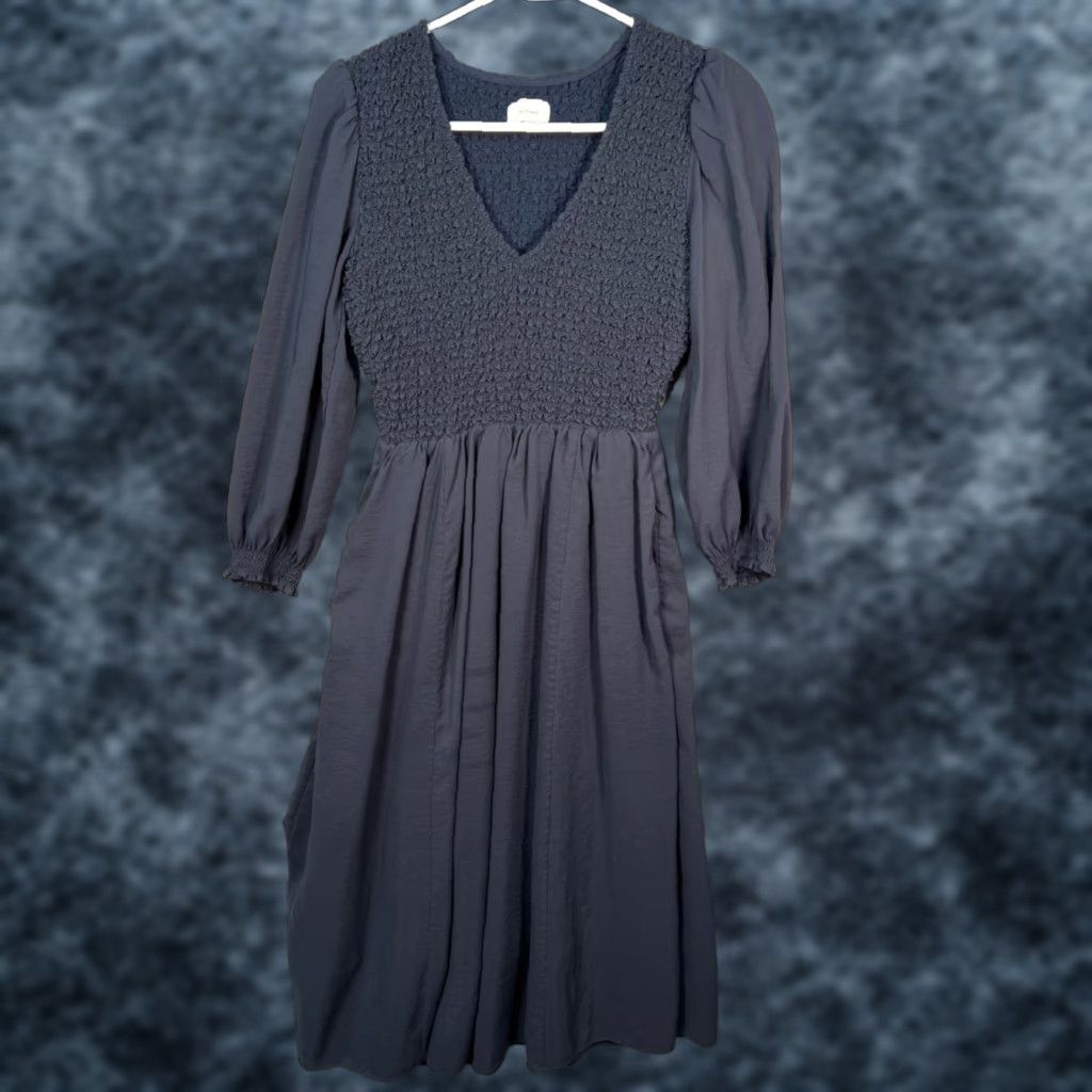 Vintage Wilfred Womens Small Smocked Midi Dress Long Sleeve V-Neck Slate Blue Size S / US 4 / IT 40 - 1 Thumbnail
