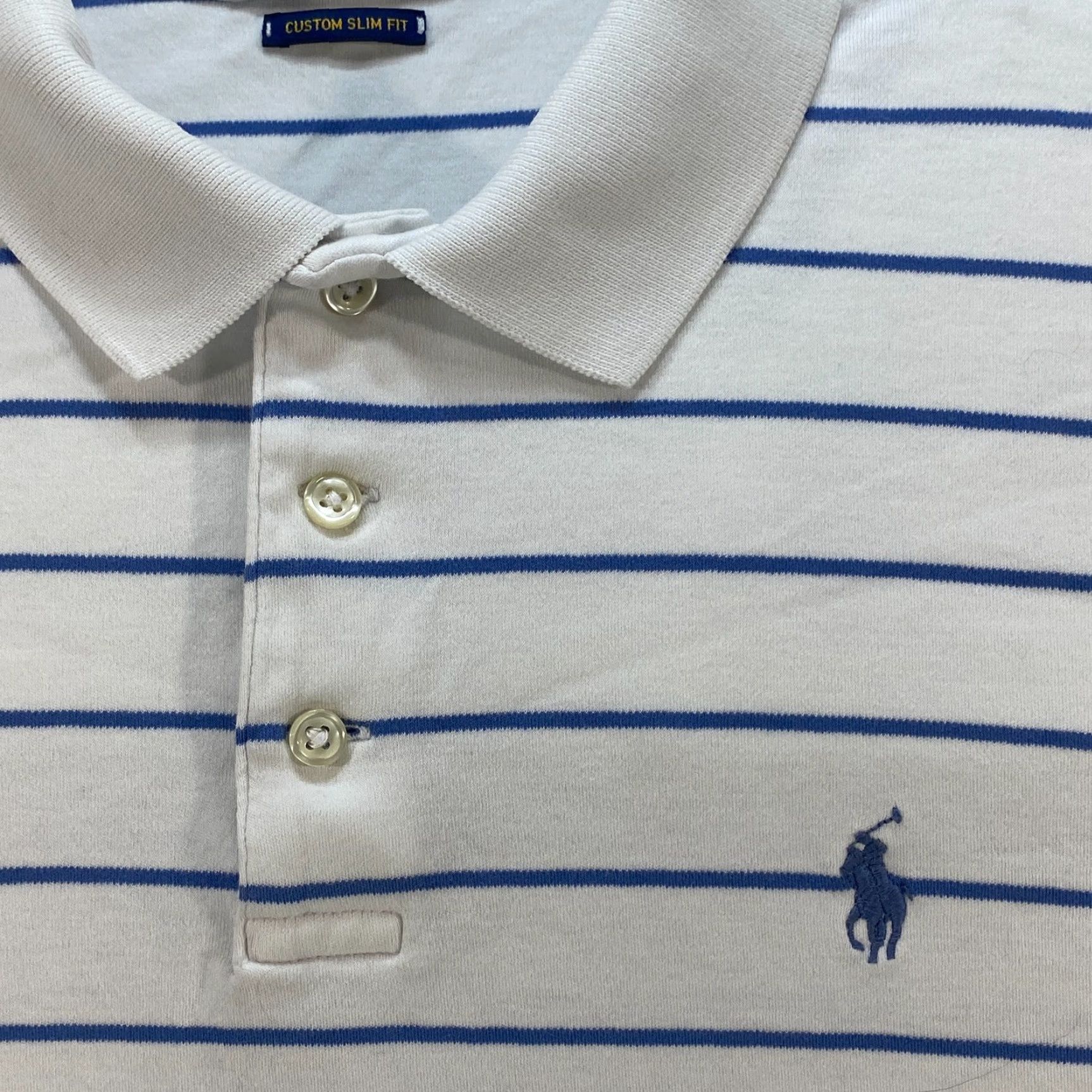 Ralph Lauren VINTAGE Polo Ralph Lauren Polo Shirt Mens M Medium White Blue Pony Striped Short Sleeve Slim Fit Size US M / EU 48-50 / 2 - 3 Thumbnail