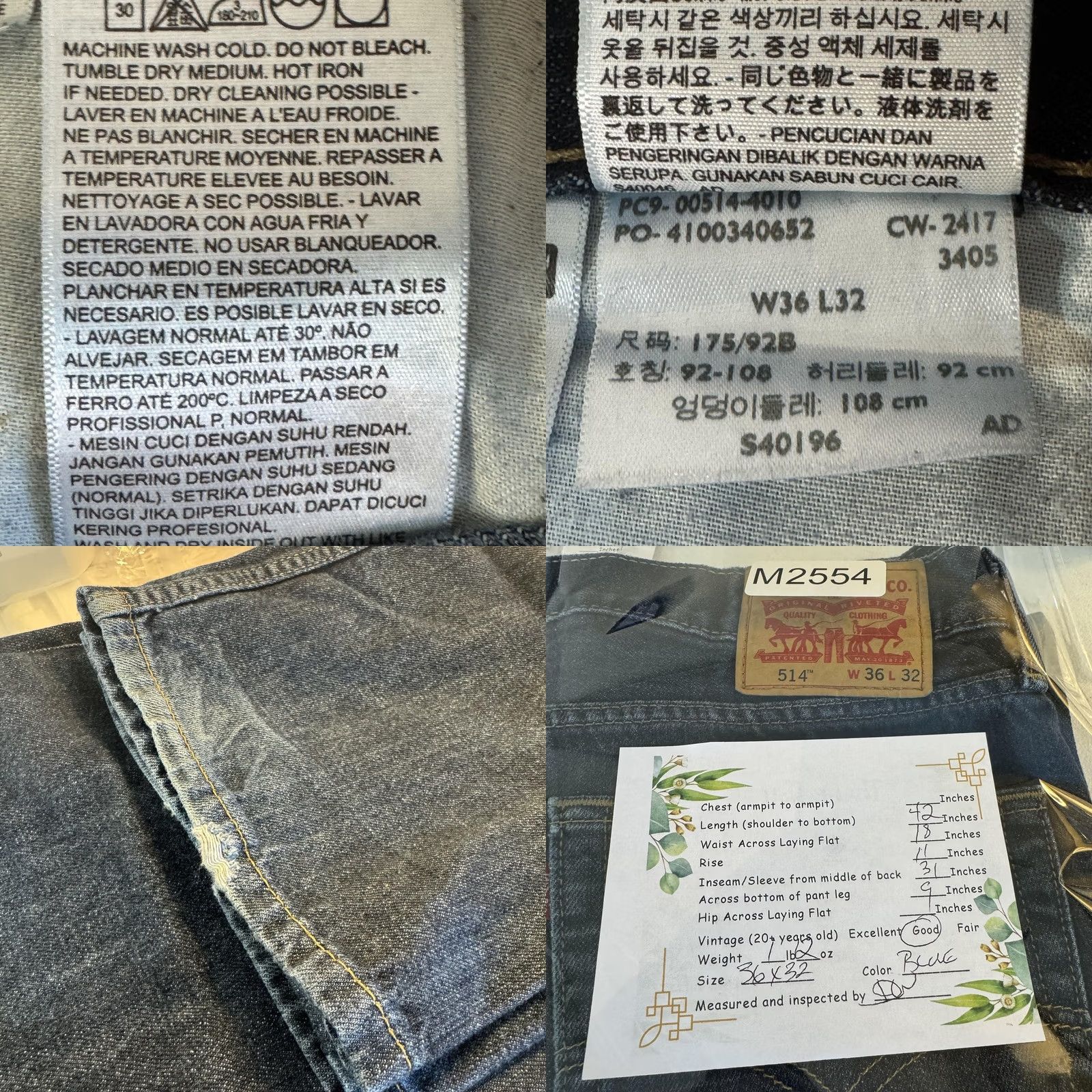 Levi's Levi's 514 Jeans Mens 36x32 Blue Straight Regular Mid Rise Denim 5-Pocket Zipper Button Cord Logo Size US 36 / EU 52 - 8 Thumbnail