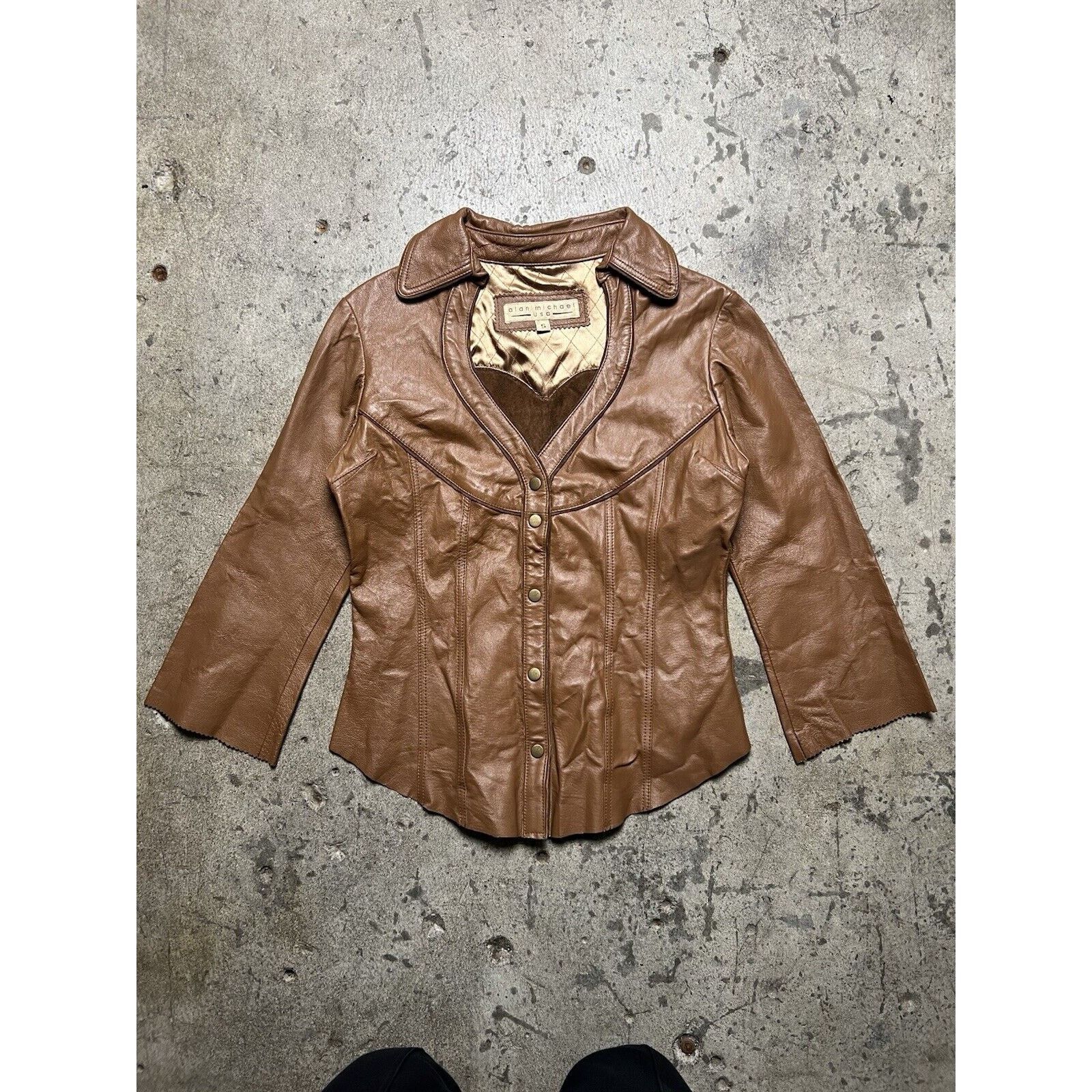 Designer Alan Michael Leather Heartneck Jacket Brown Fitted Size S Size S / US 4 / IT 40 - 1 Thumbnail