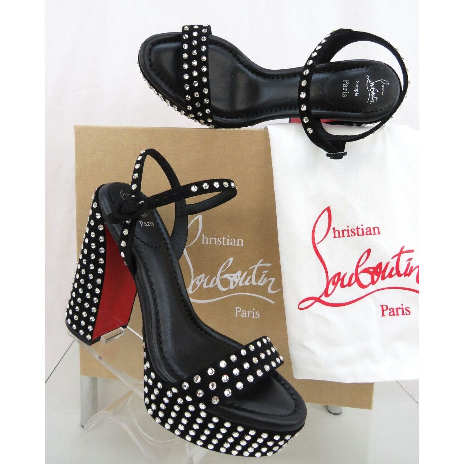 Christian Louboutin MOVIDA JANE BLACK SUEDE CRYSTALS PLATFORM SANDAL PUMPS 39 Size US 9 / IT 39 - 4 Thumbnail